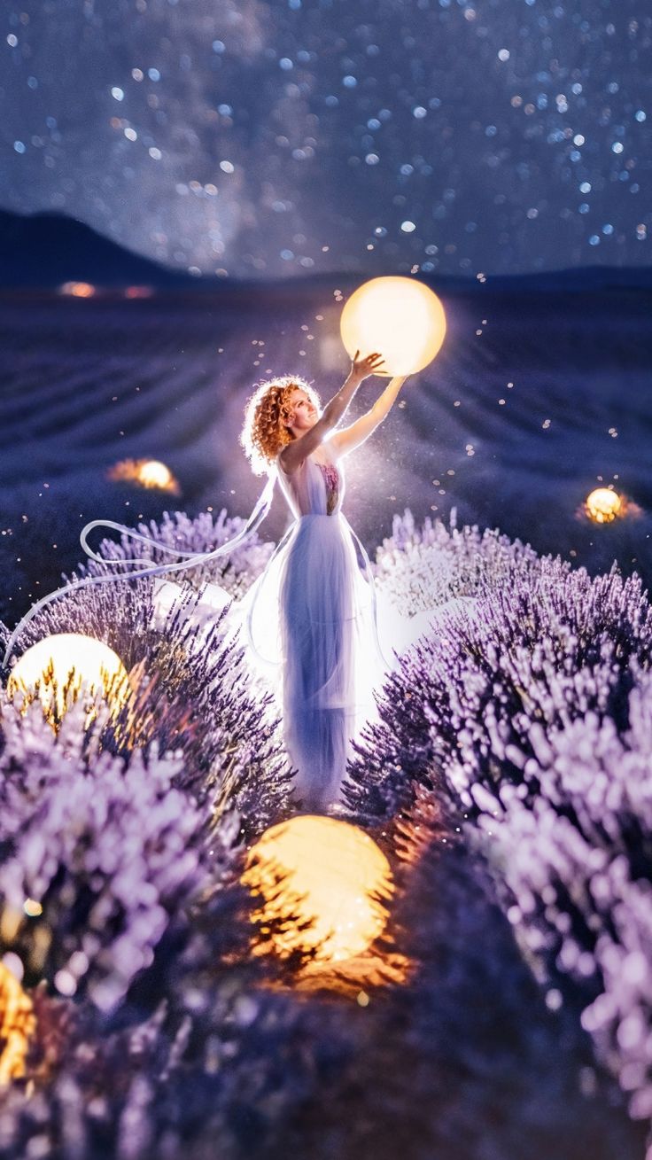 Lights, woman in lavender farm, night, nature wallpaper. Beautiful fantasy art, Fantasy photography, Dreamy photography