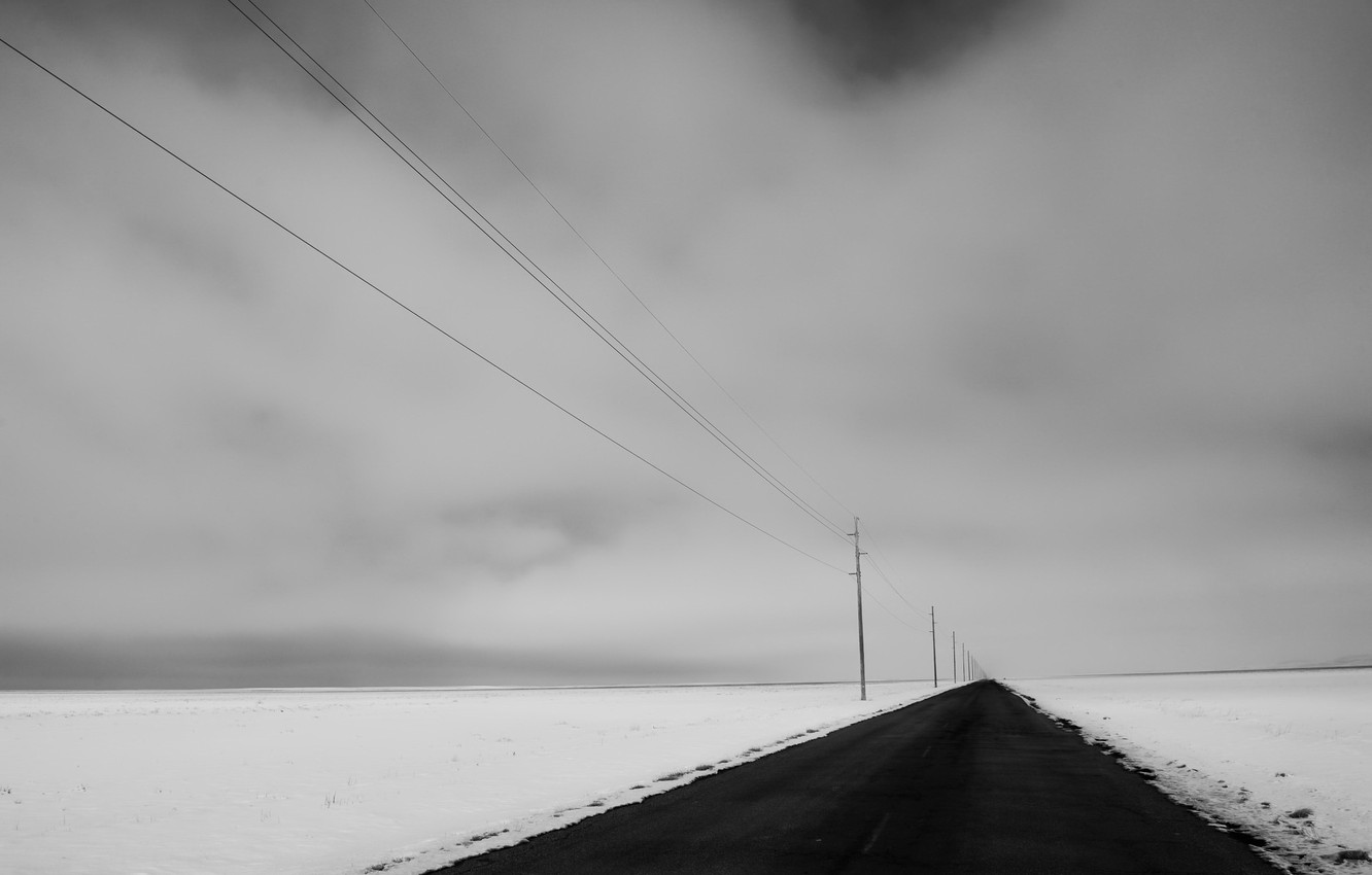 Wallpaper winter, road, field, snow, nature, perspective, power lines image for desktop, section минимализм