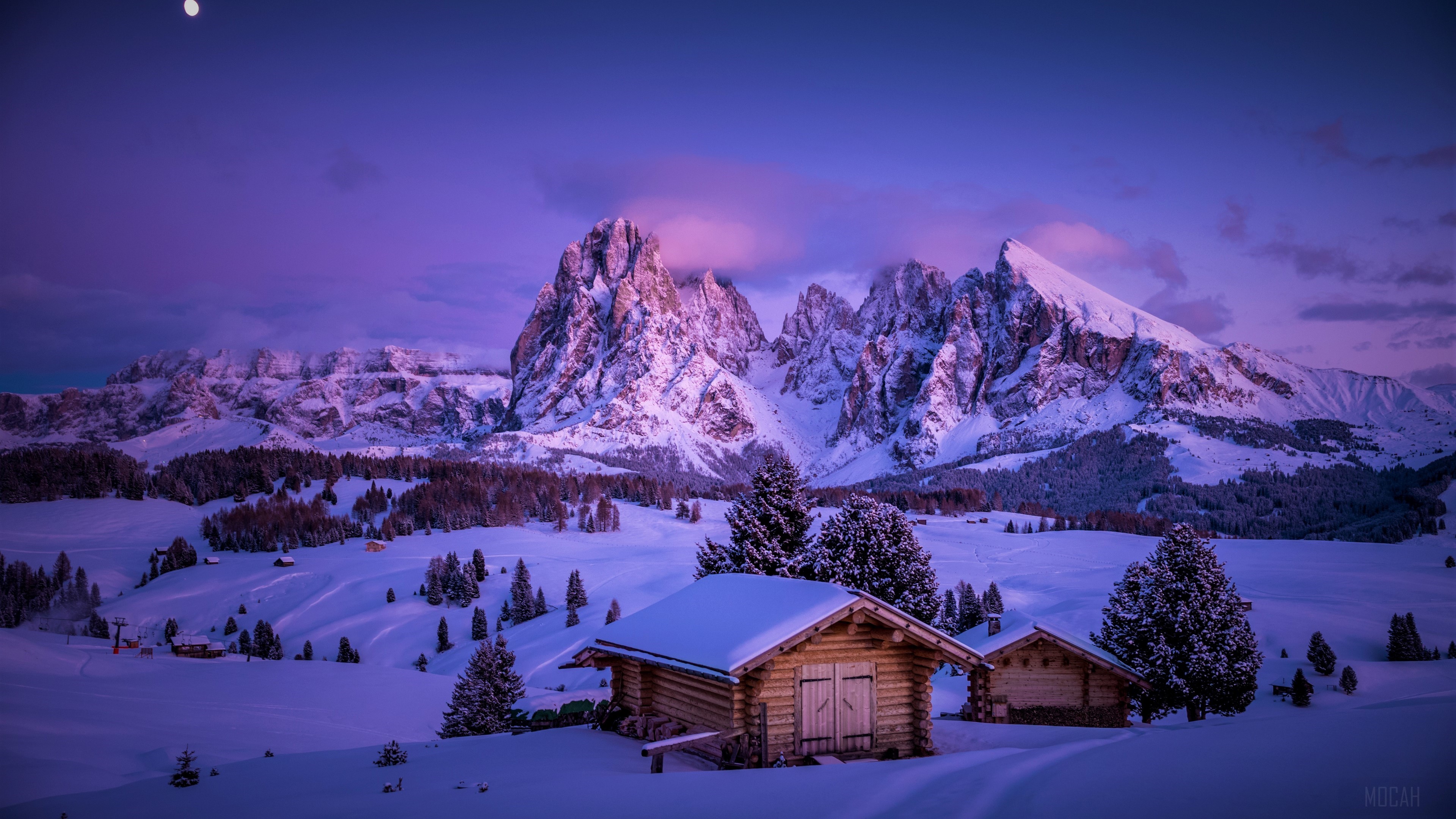 Cabin, Landscape, Mountain, Snow, Tree, Winter 4k Gallery HD Wallpaper
