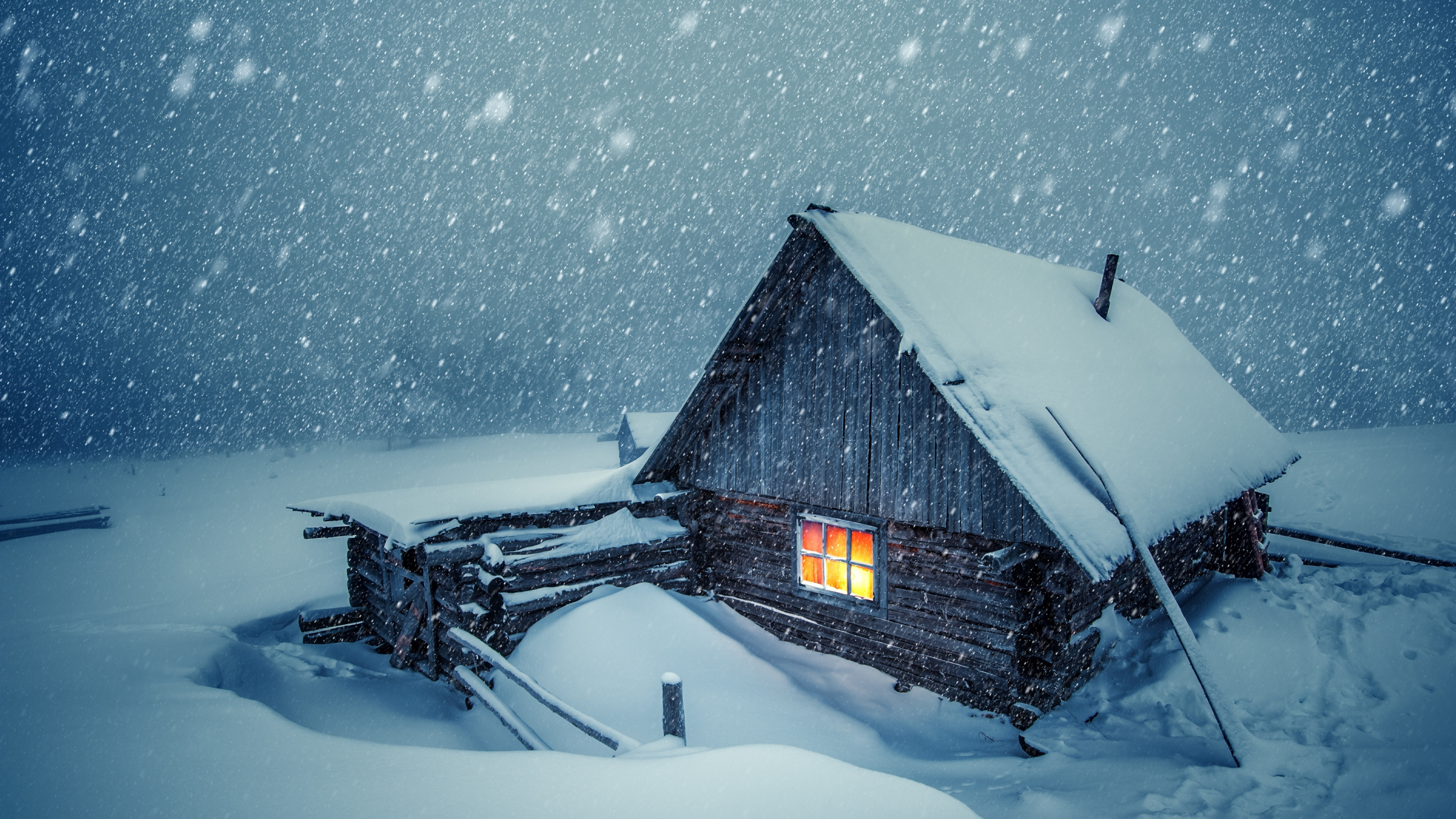 Download wallpaper 3840x2160 house light, winter, snowfall 4k wallpaper, uhd wallpaper, 16:9 widescreen 3840x2160 HD background, 22984
