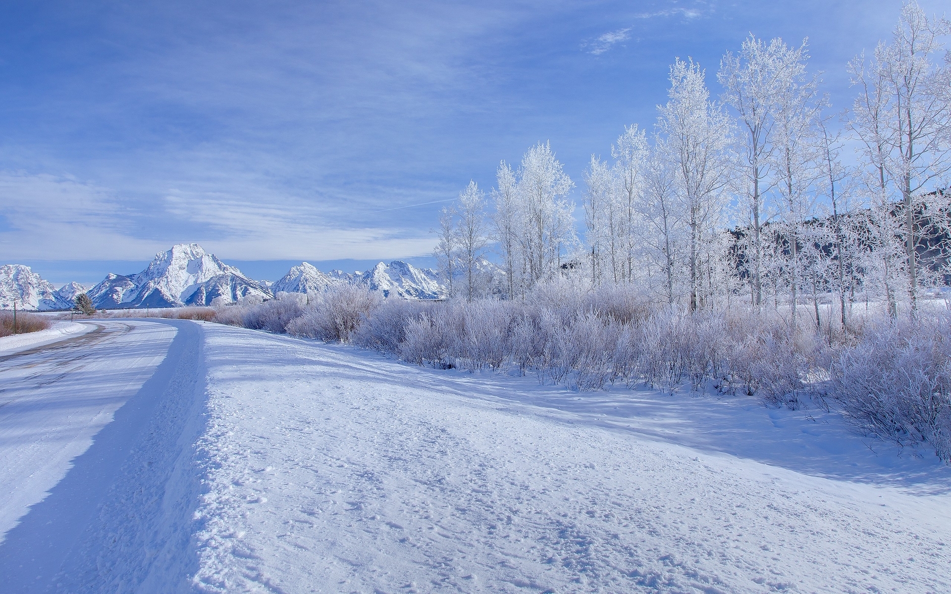 Mountain Trees Snow Field Road desktop PC and Mac wallpaper