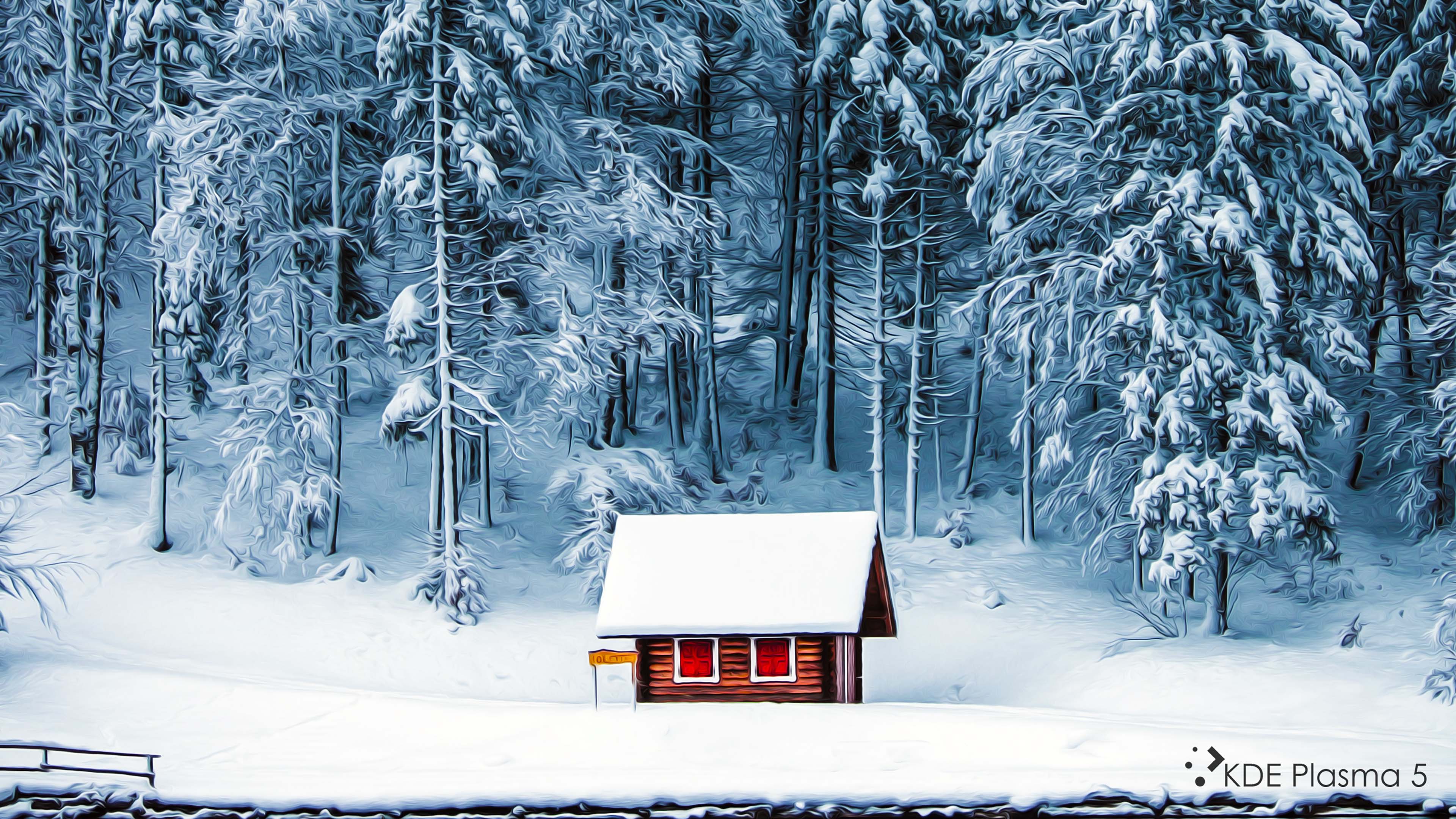 Small Hut in Winter Painting 4K Wallpaper