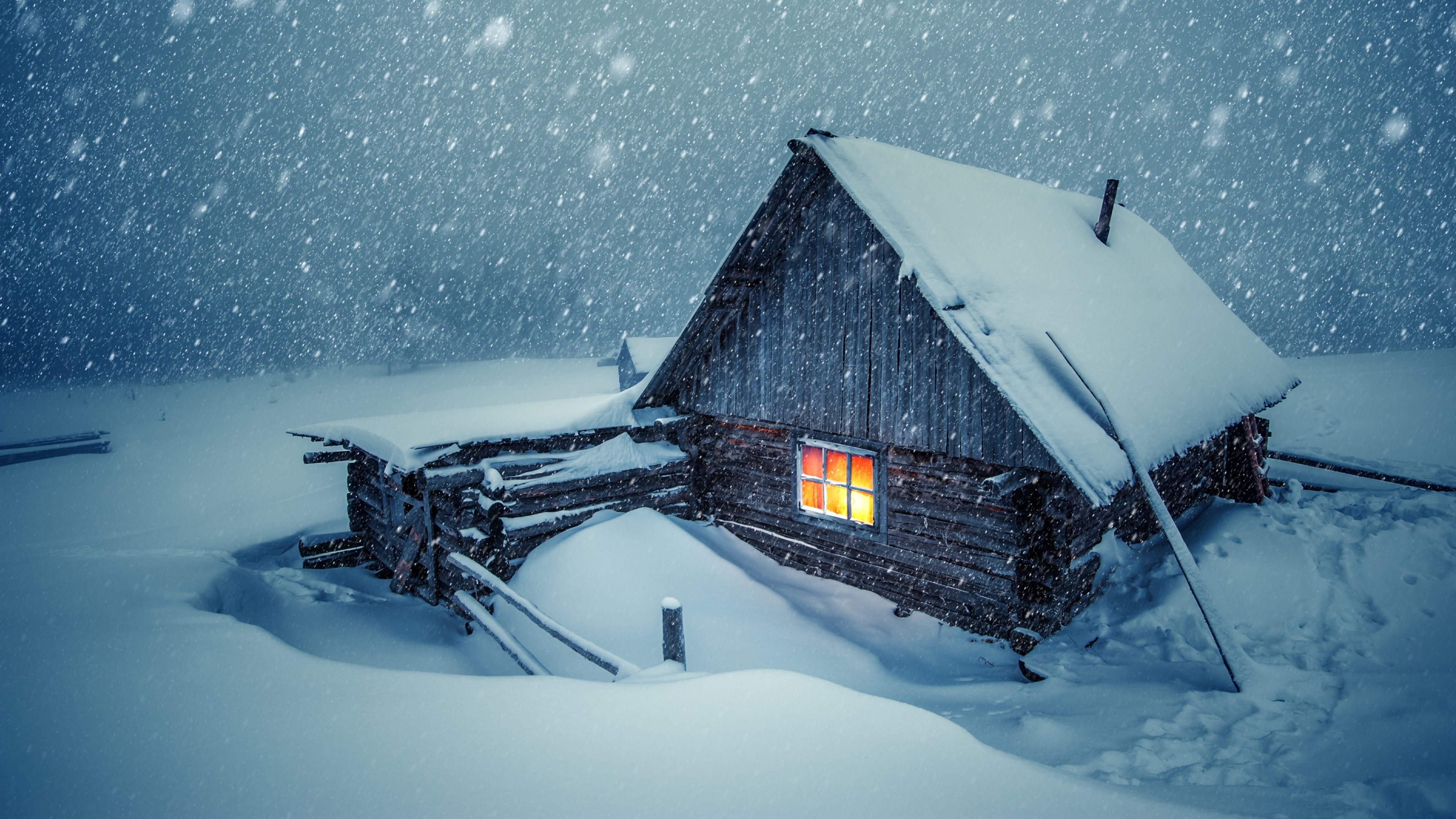 4K, snow, lights, winter, cabin, snowing, landscape, house, evening Gallery HD Wallpaper