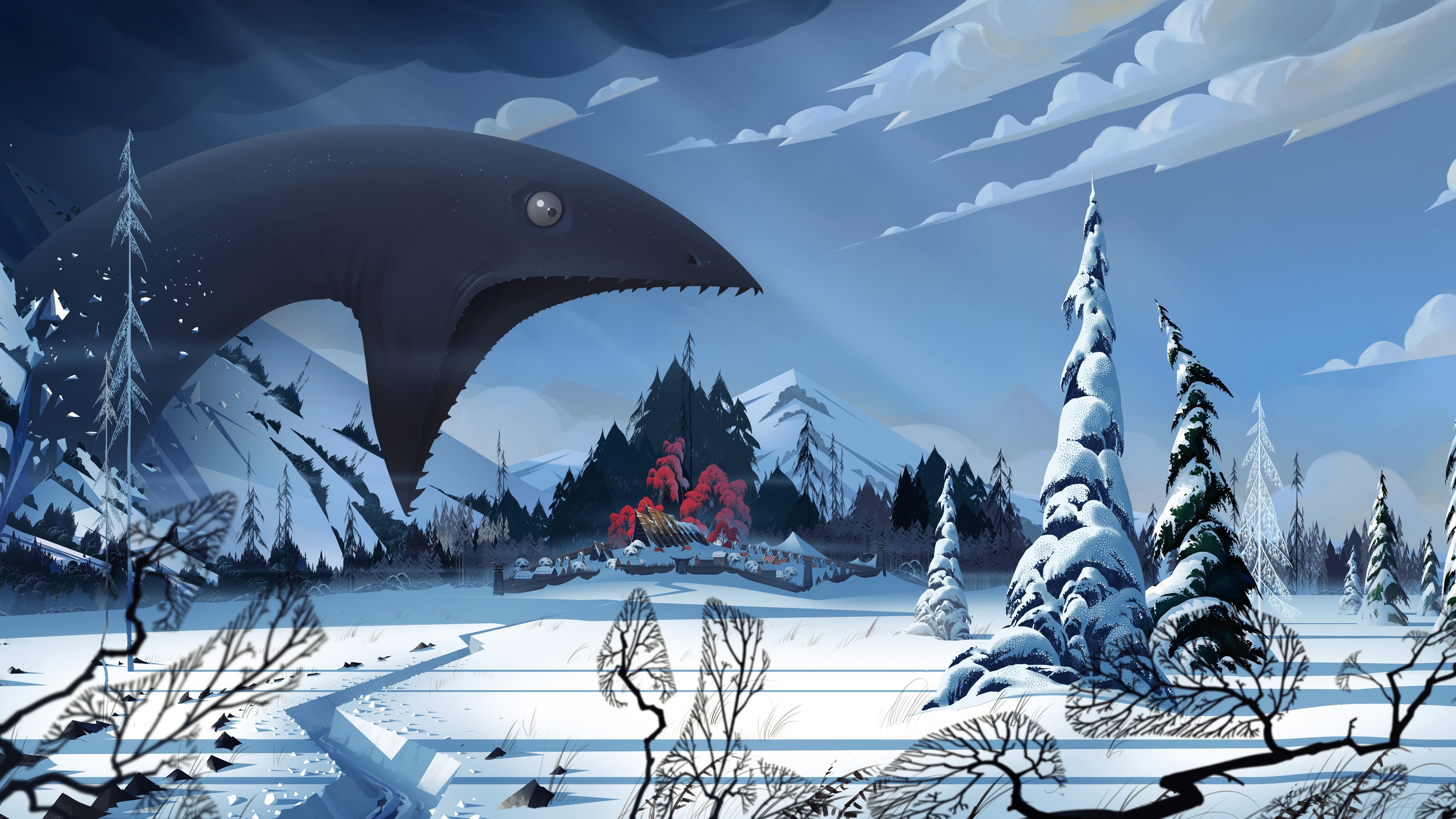 Wallpaper The Banner Saga, video game, monster, winter, snow, village, art picture 3840x2160 UHD 4K Picture, Image