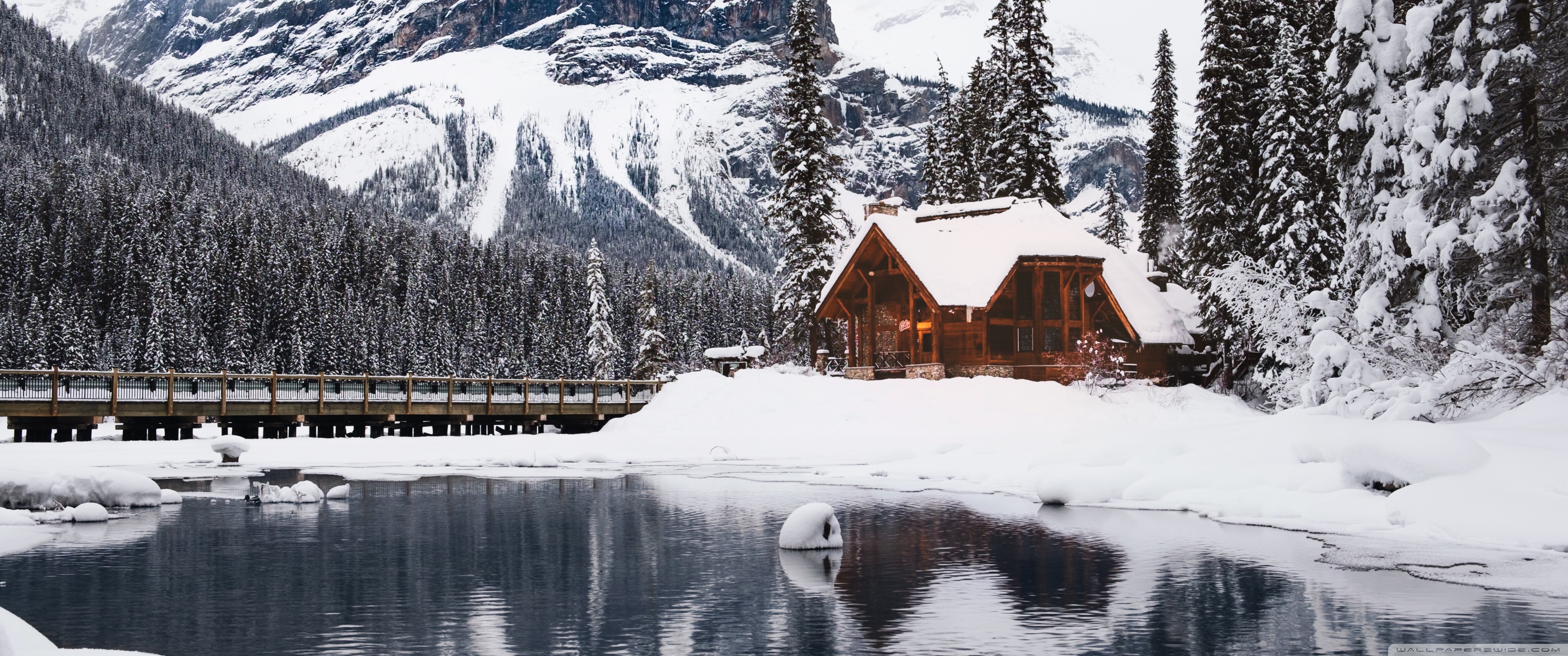 Rustic Cottage, Lake, Mountain, Winter, Snow Ultra HD Desktop Background Wallpaper for 4K UHD TV, Widescreen & UltraWide Desktop & Laptop, Tablet