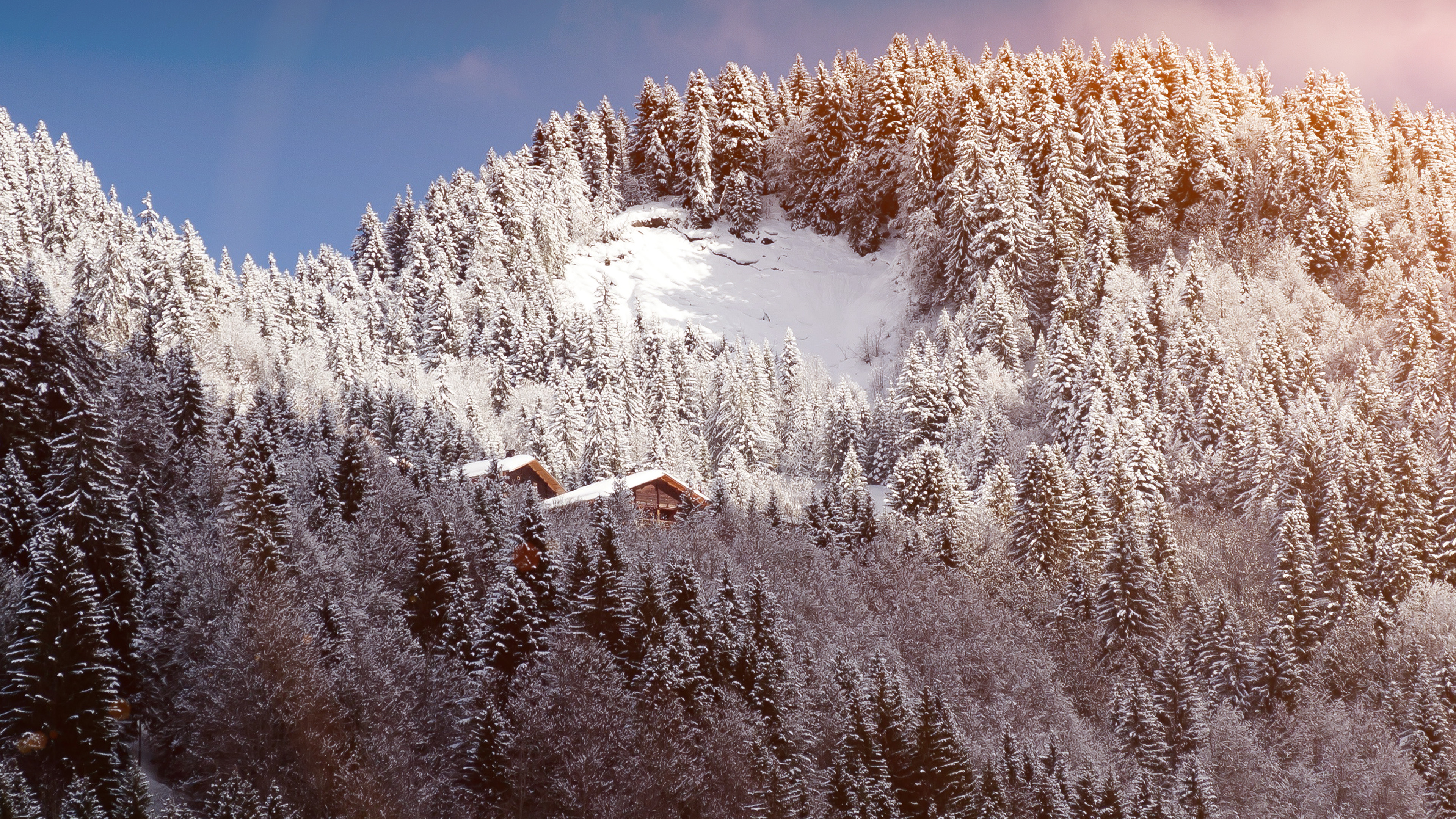 Snow Mountain Wood Home Winter Nature Flare Wallpaper