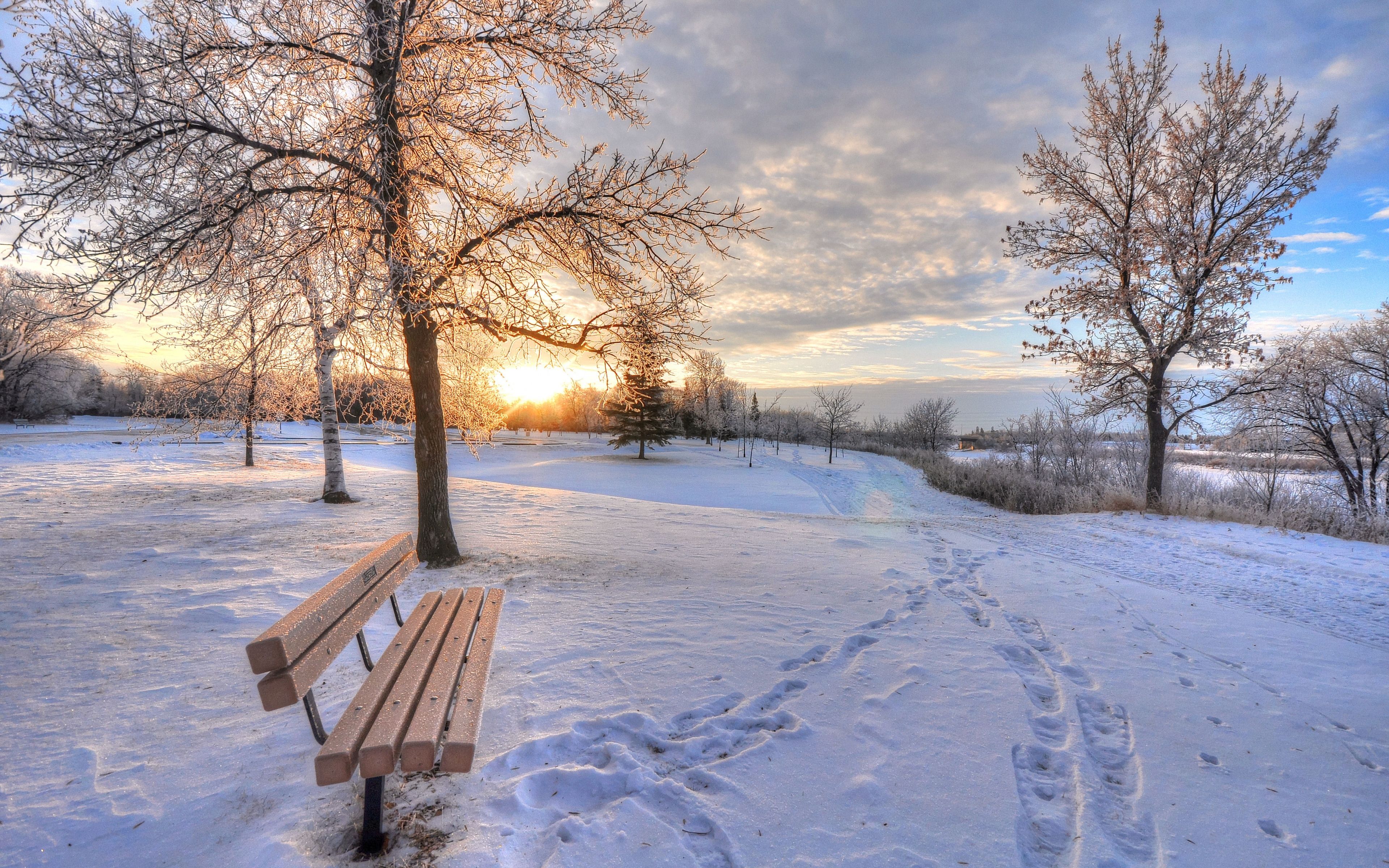 Wallpaper winter, snow, dawn, footprints, bench. Winter wallpaper desktop, Winter wallpaper, Winter background