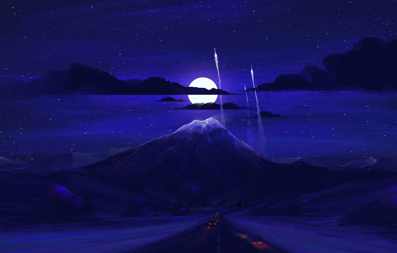 Wallpaper car, space, moon, digital, nature, blue, retro, art, romantic, neon, landscape, Ultrawide, retro futurism, amoled, digital artwork, 7680x4320 image for desktop, section пейзажи