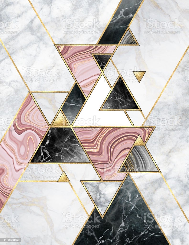 Abstract Geometric Background Modern Marble Mosaic Inlay Black White Pink Gold Triangles Art Deco Wallpaper Artificial Stone Texture Image Now