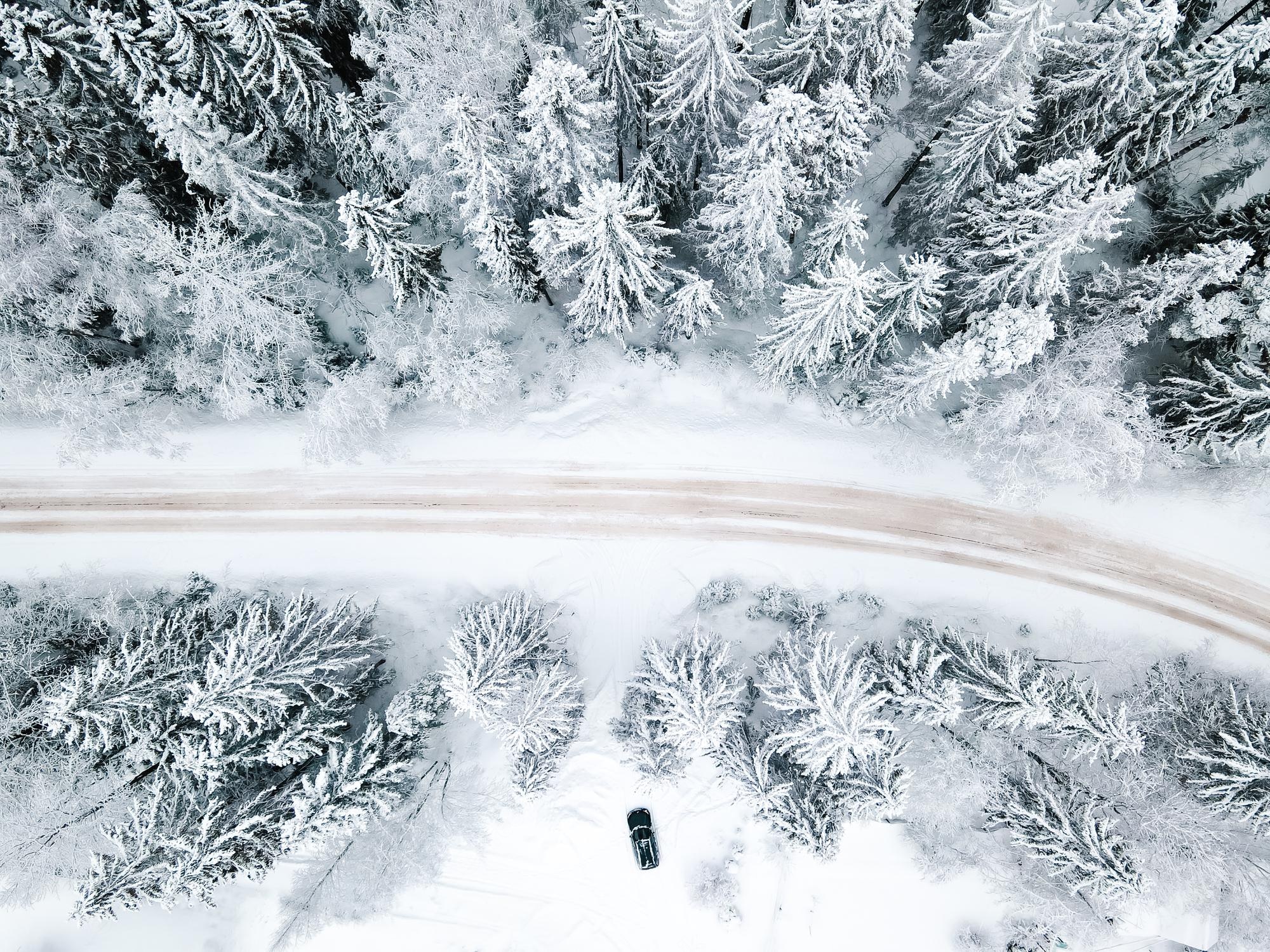 Premium Photo. Winter Snow Covered Road Top View. Winter Landscape. Winter Background. Snow Covered Christmas Trees
