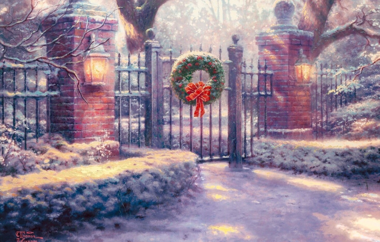 Wallpaper snow, Gate, lights, decoration, painting, Thomas Kinkade, painting, Thomas Kinkade, Christmas, Christmas Gate image for desktop, section живопись