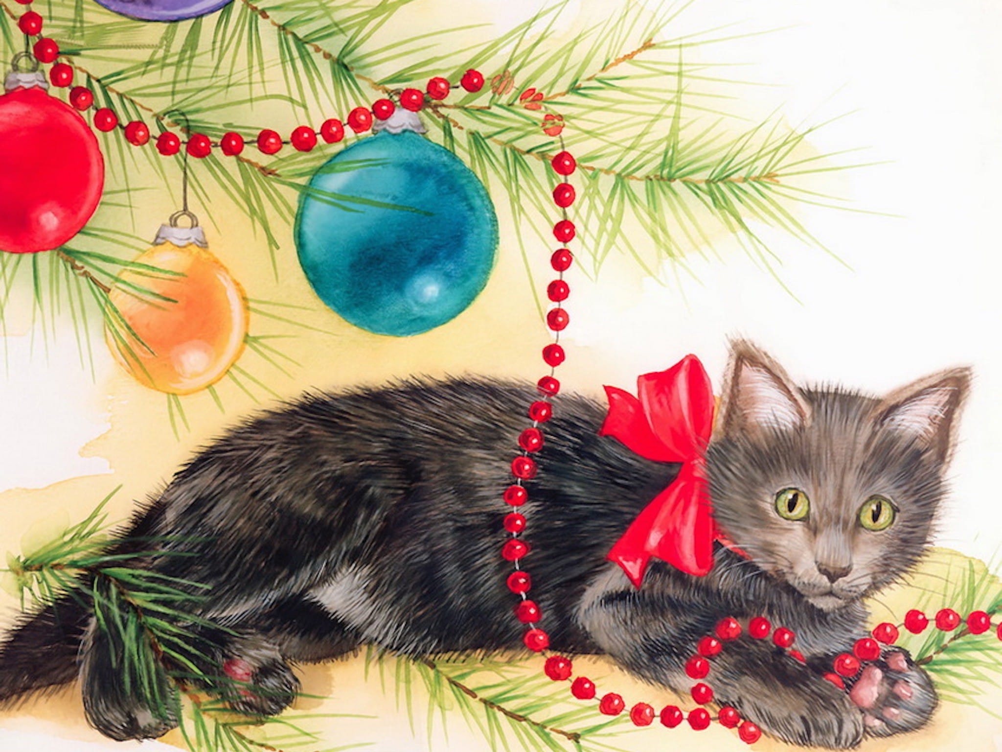 Kitten Christmas Painting Wallpaper. Free Cat Image