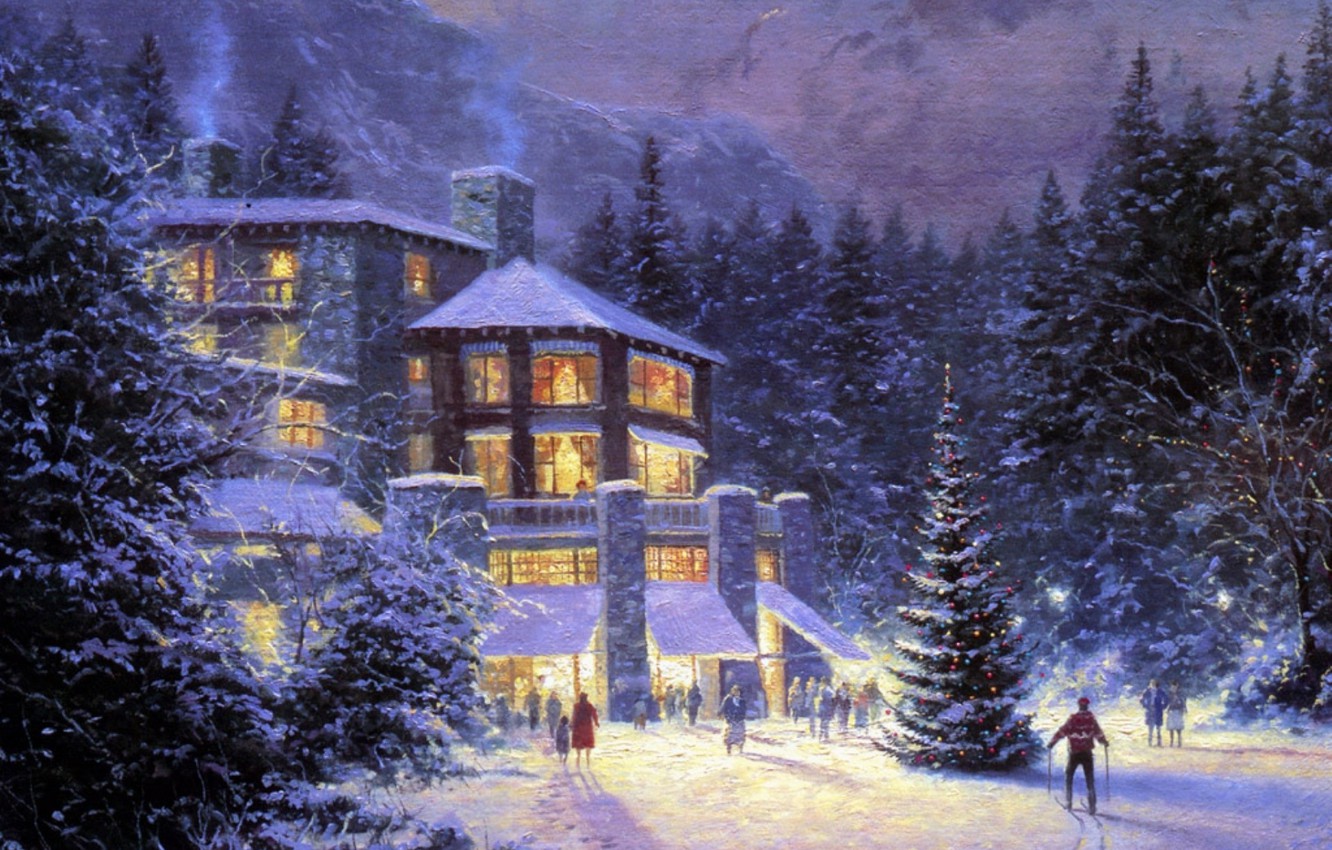 Wallpaper forest, people, holiday, Winter, picture, ate, Christmas, tree, the hotel, painting, Christmas, skier, Thomas Kinkade, Christmas At The Ahwahnee image for desktop, section живопись