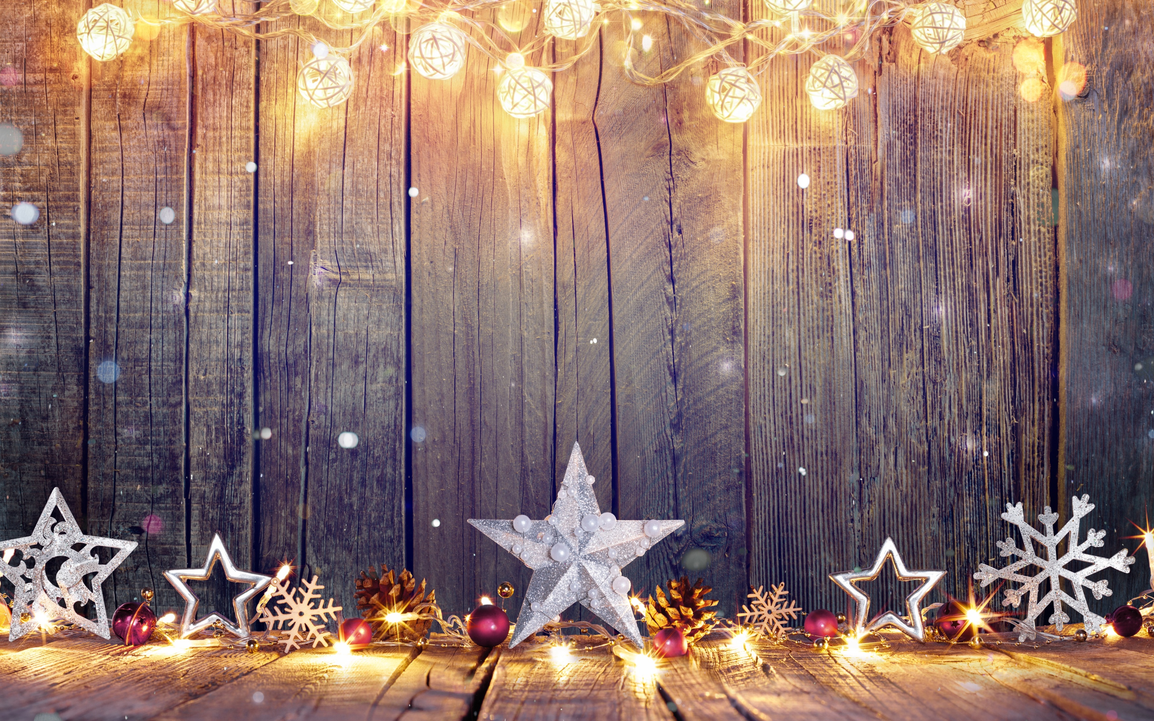 Download wallpaper 4k, christmas decorations, stars, Happy New Year, wooden background, christmas, xmas, Merry Christmas for desktop with resolution 3840x2400. High Quality HD picture wallpaper