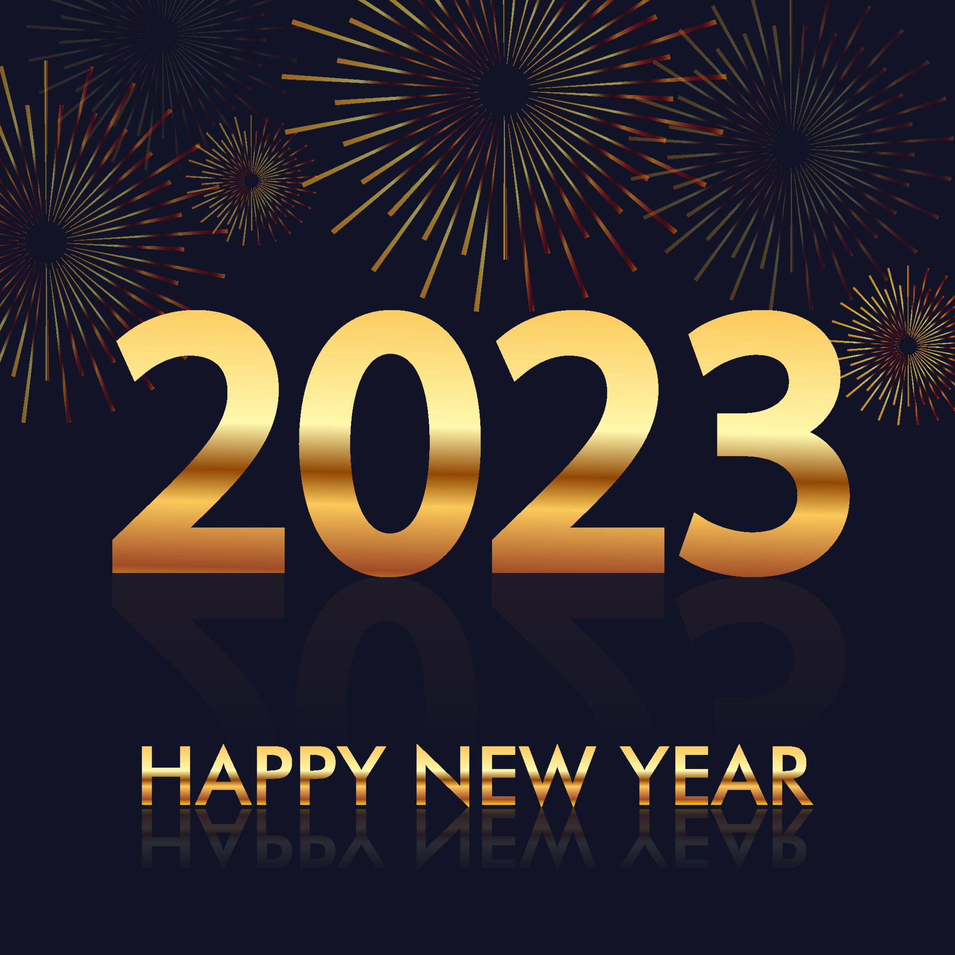 Happy New Year 2023 illustration with Fireworks black Background. Holiday symbol. Golden Textured Vintage Label