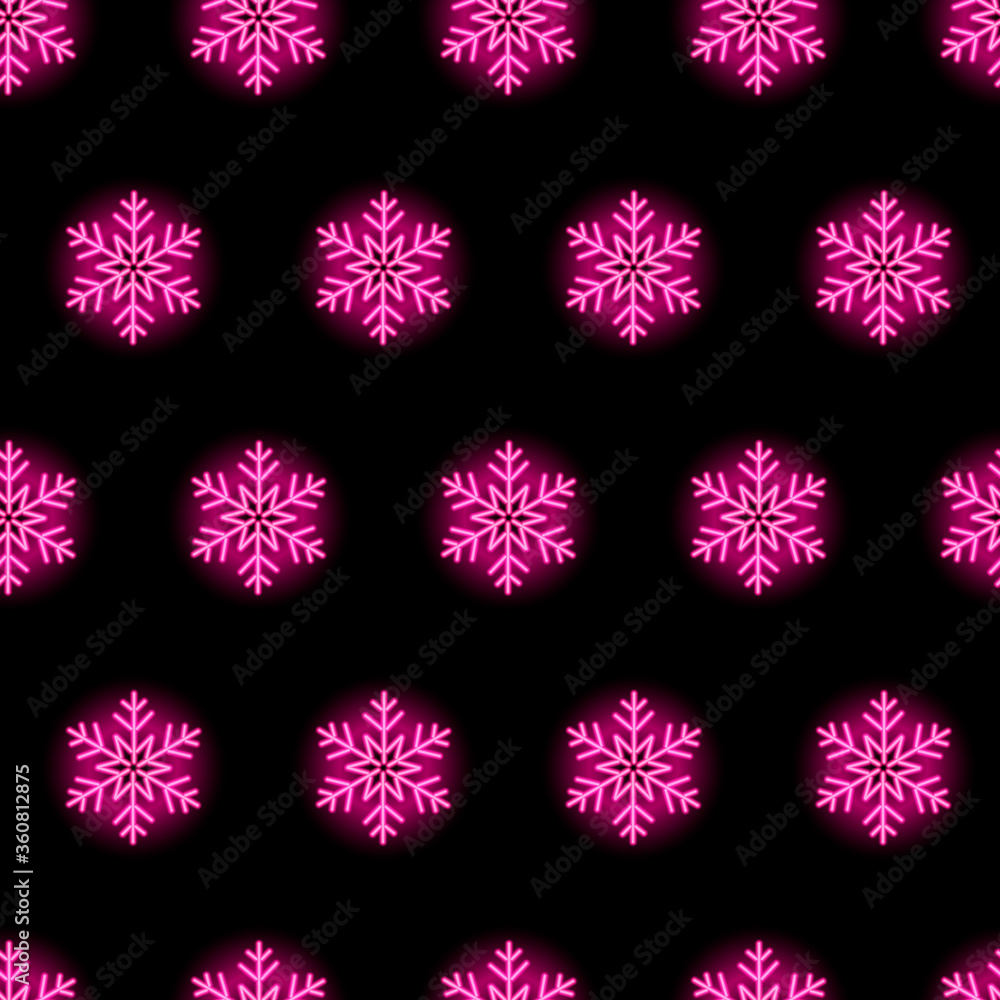 Christmas Neon Seamless Pattern With Pink Blue Snowflakes On Black Background. X Mas Or Winter Concept For Wallpaper, Backdrop, Wrapping Paper. Vector 10 EPS Illustration. Stock Vector