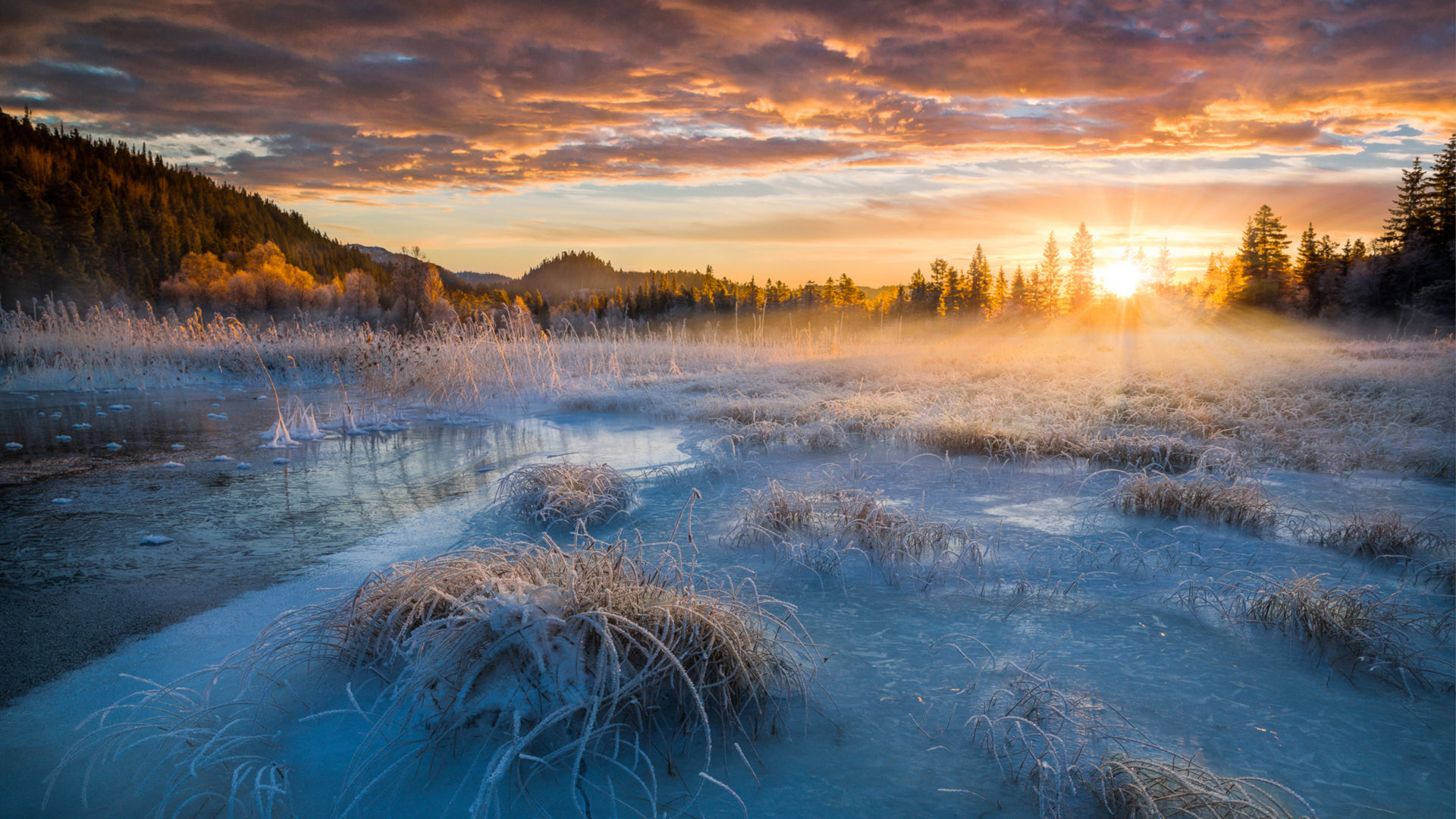 Sunrise Winter Morning In Norway Snow Ice Frozen Lake Sky