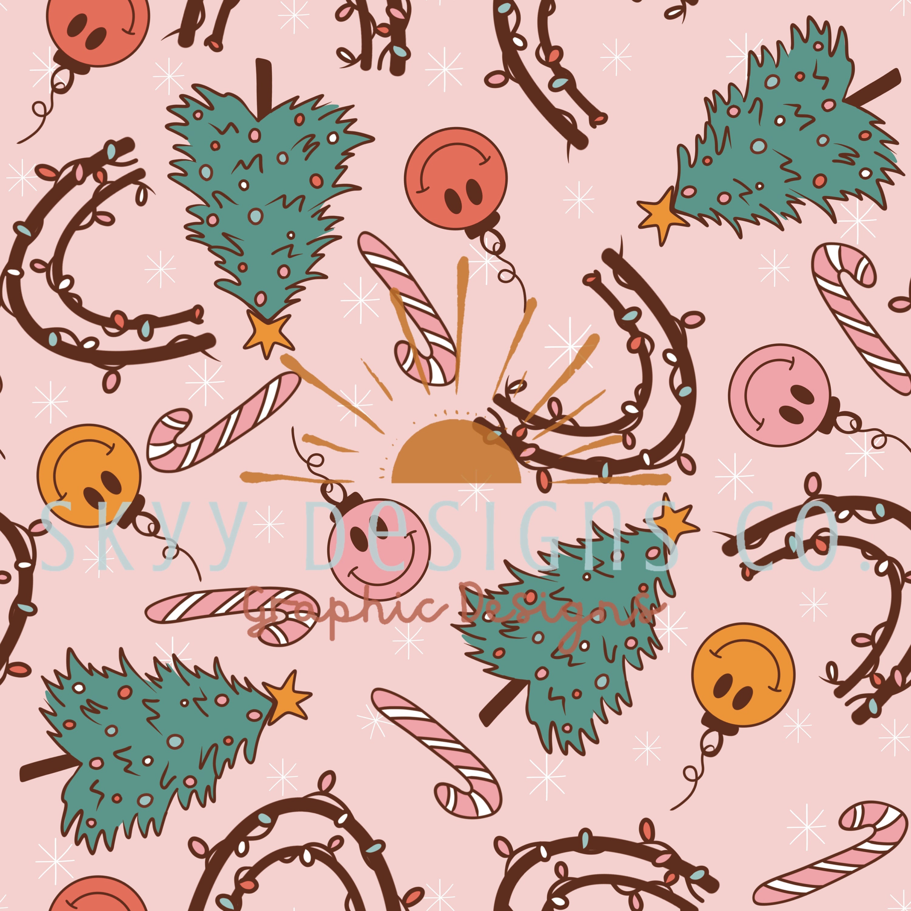 Pink Smiley Christmas Digital Seamless Pattern for Fabrics and