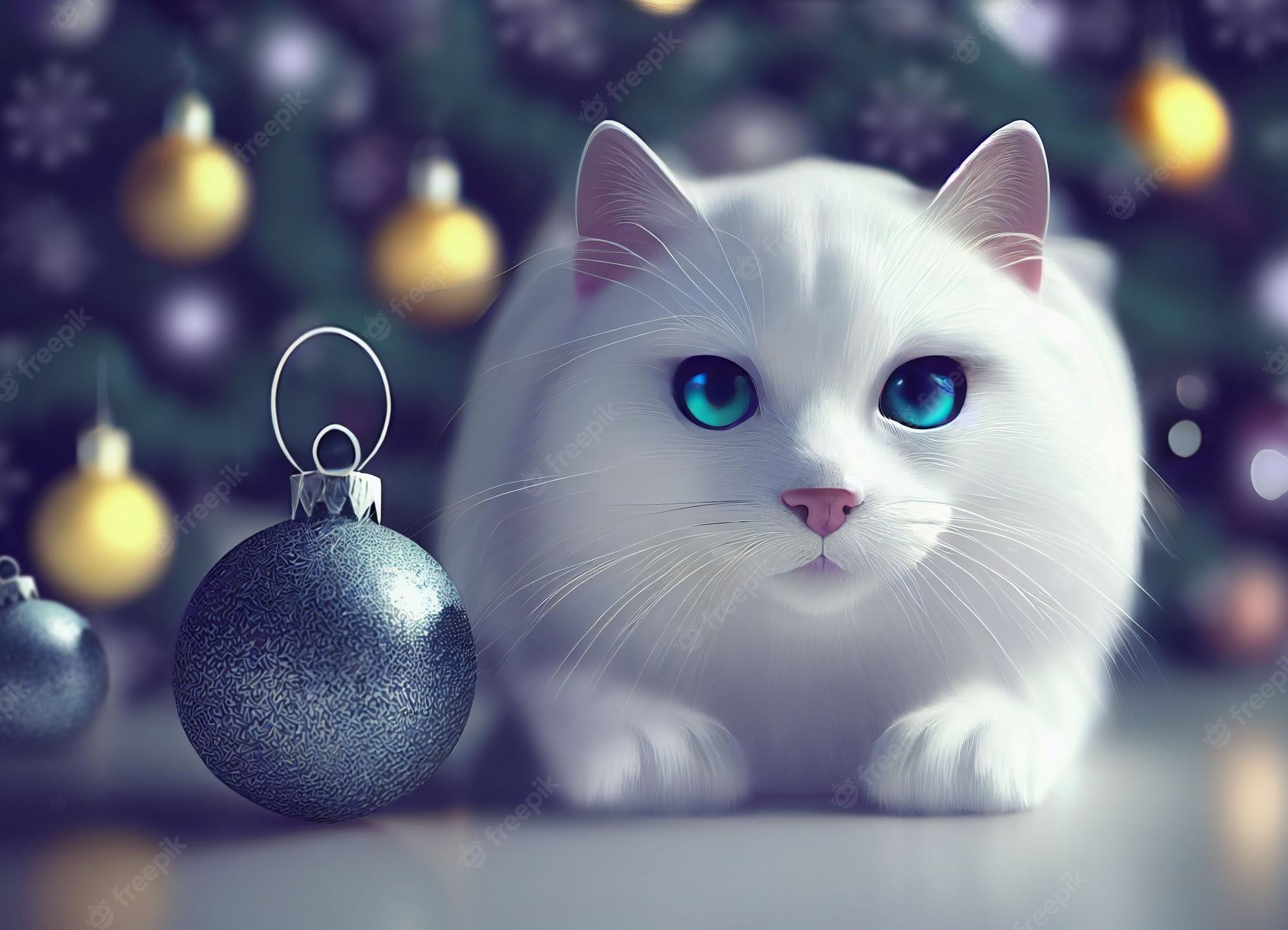 Premium Photo. Luxury snow cat blue eyes christmas tree ornament 3D rendered computer generated image with a snowy winter scene new for winter 2023 blue christmas background
