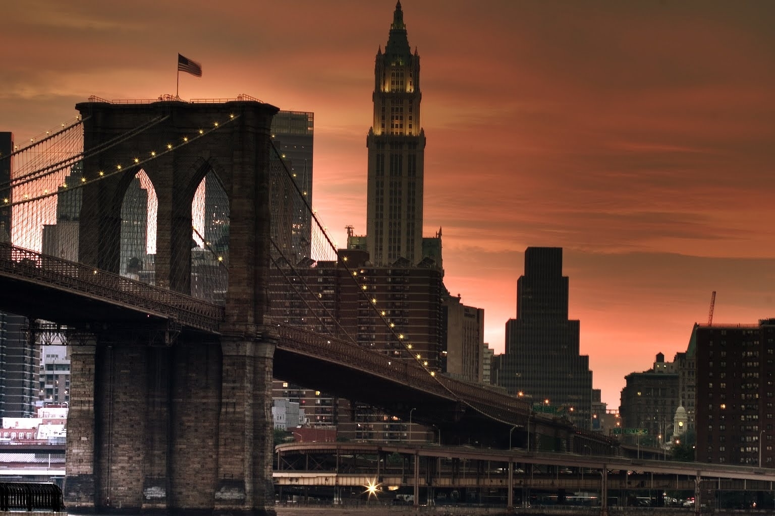 Download wallpaper 1536x1024 new york, bridge, sunset, lights, skyscrapers HD background