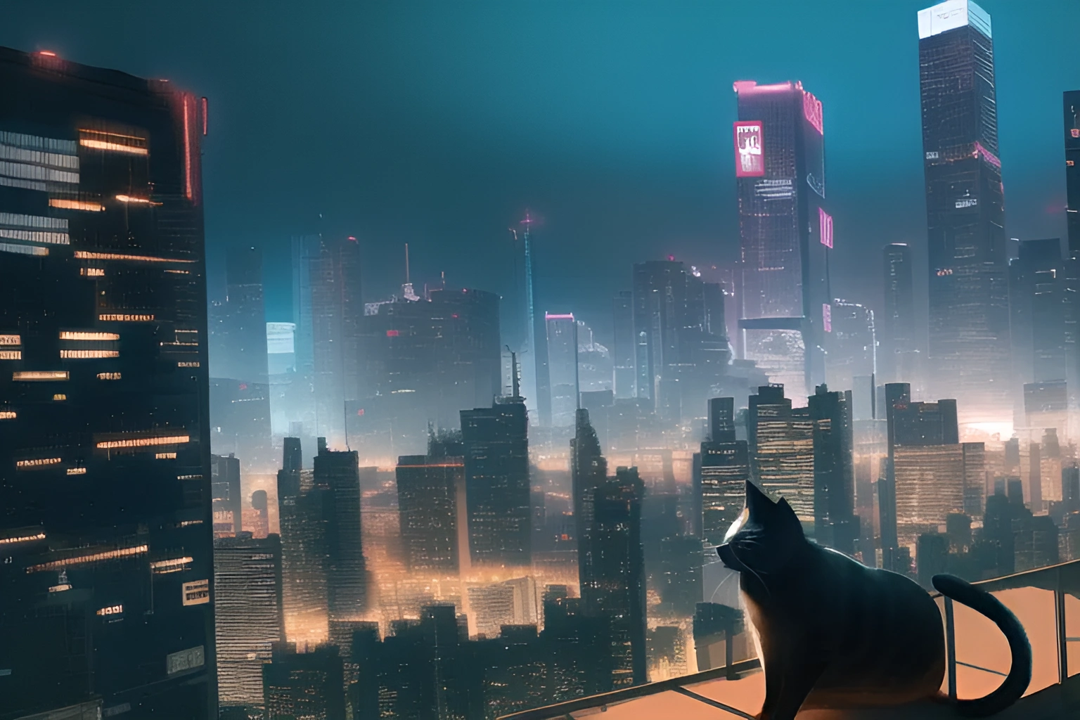 Feline Cyberpunk City Cityscape Neon Skyscraper Artwork Animals Cats Wallpaper:1536x1024
