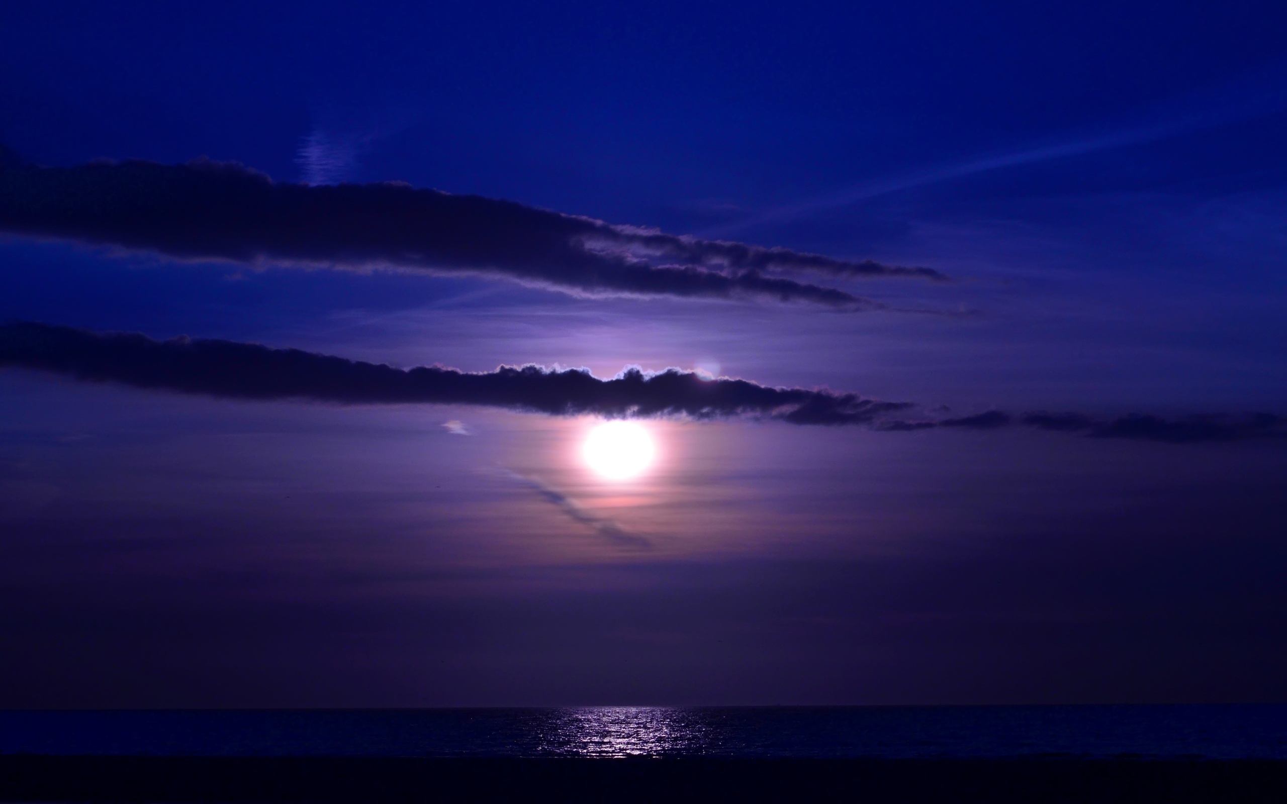 Sea moon night clouds waves ocean mood reflection wallpaperx1600