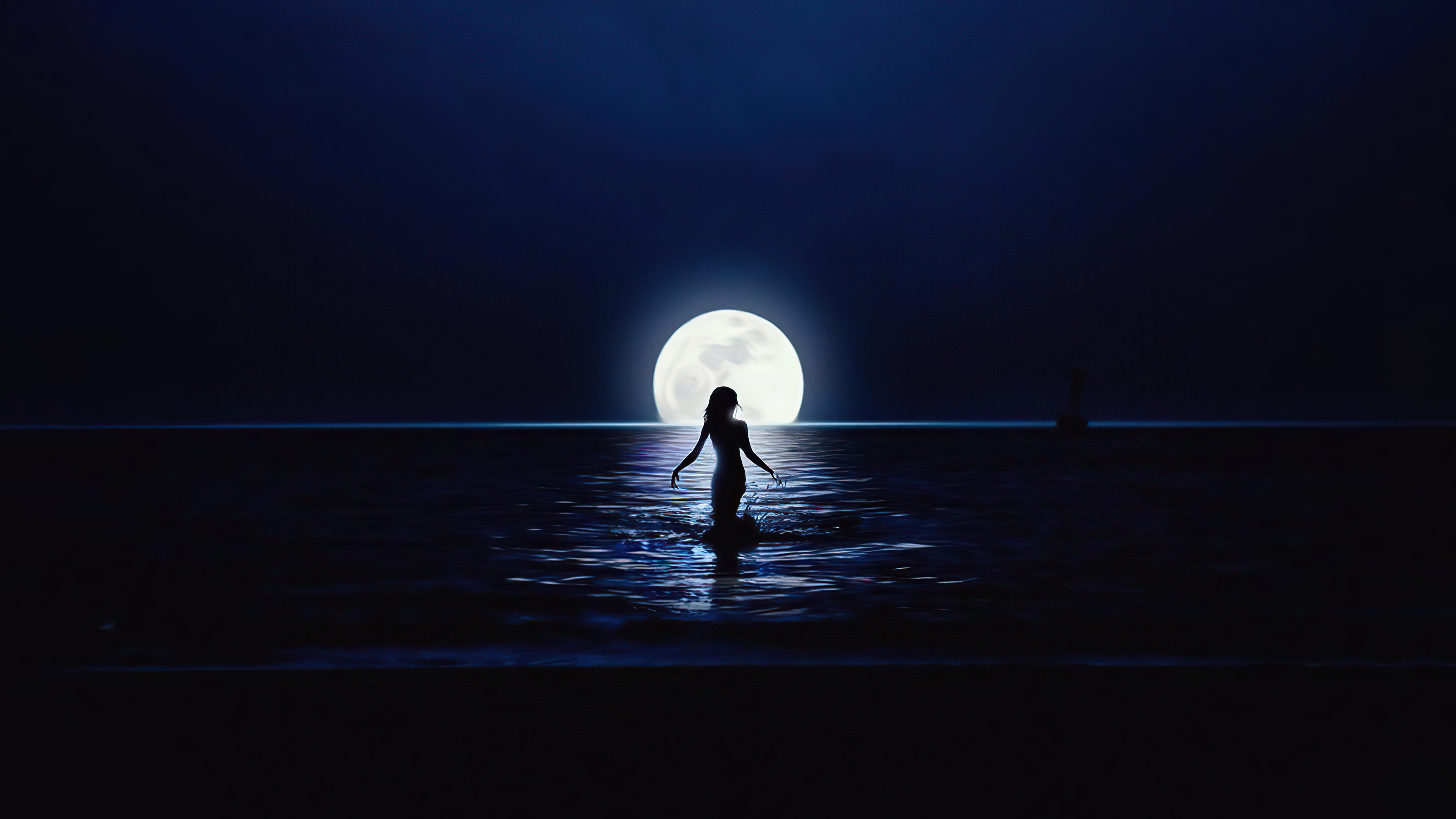 Wallpaper 4k Girl Walking Towards Moon In Ocean 4k Wallpaper