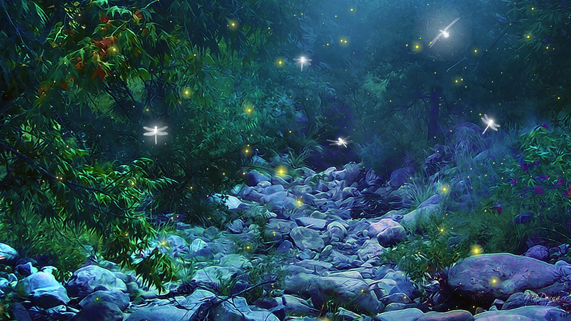 fantasy, Art, Nature, Trees, Forest, Woods, Magic, Insects, Firefly, Night, Glow, Lights Wallpaper HD / Desktop and Mobile Background