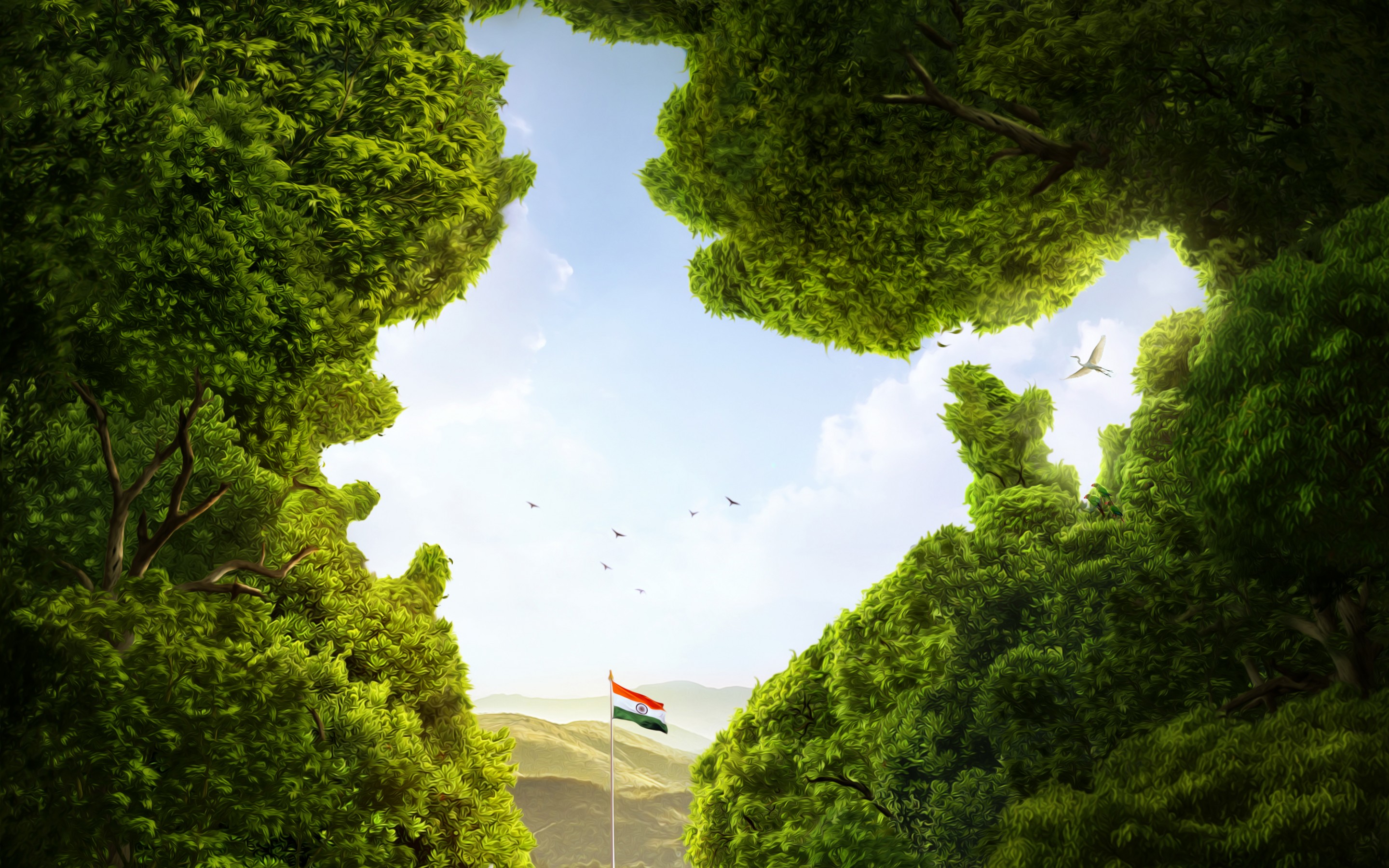 Download wallpaper Indian flag, flagpole, art, forest, green trees, flag of India, landscape, India for desktop with resolution 2880x1800. High Quality HD picture wallpaper