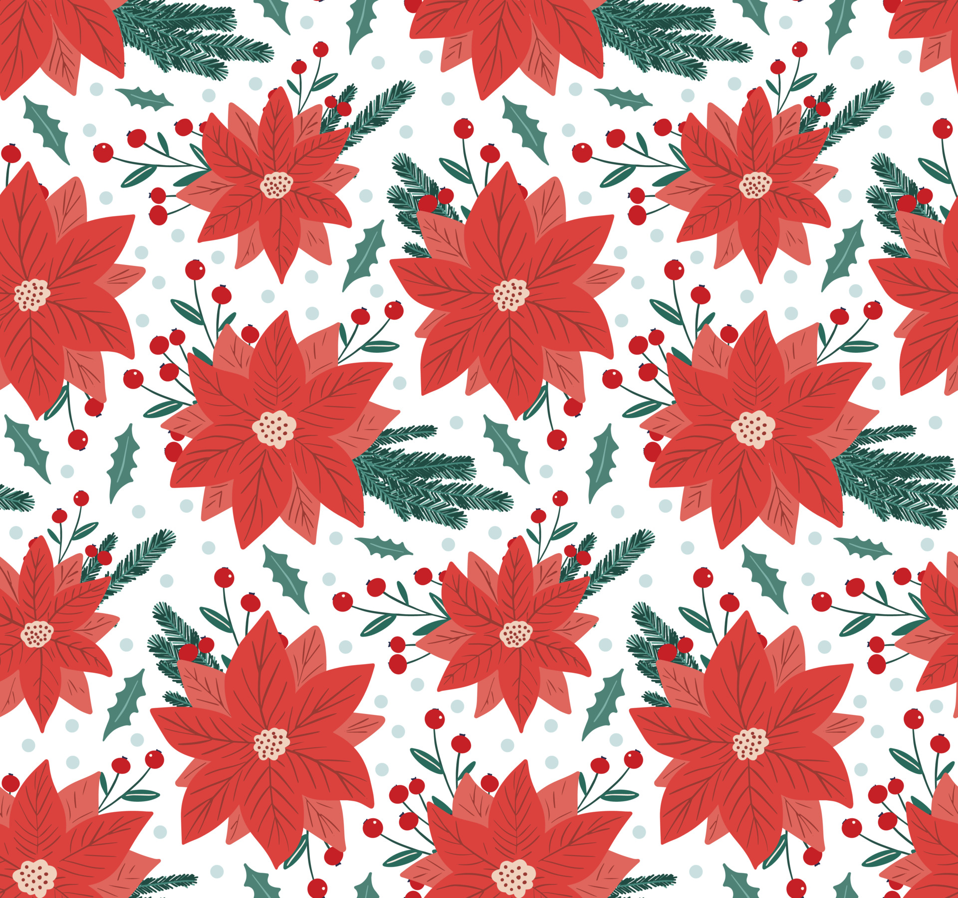 Beautiful winter season floral seamless pattern background with poinsettia Christmas star flower, fir tree branch and holly berry mistletoe. Cute hand drawn New Year backdrop