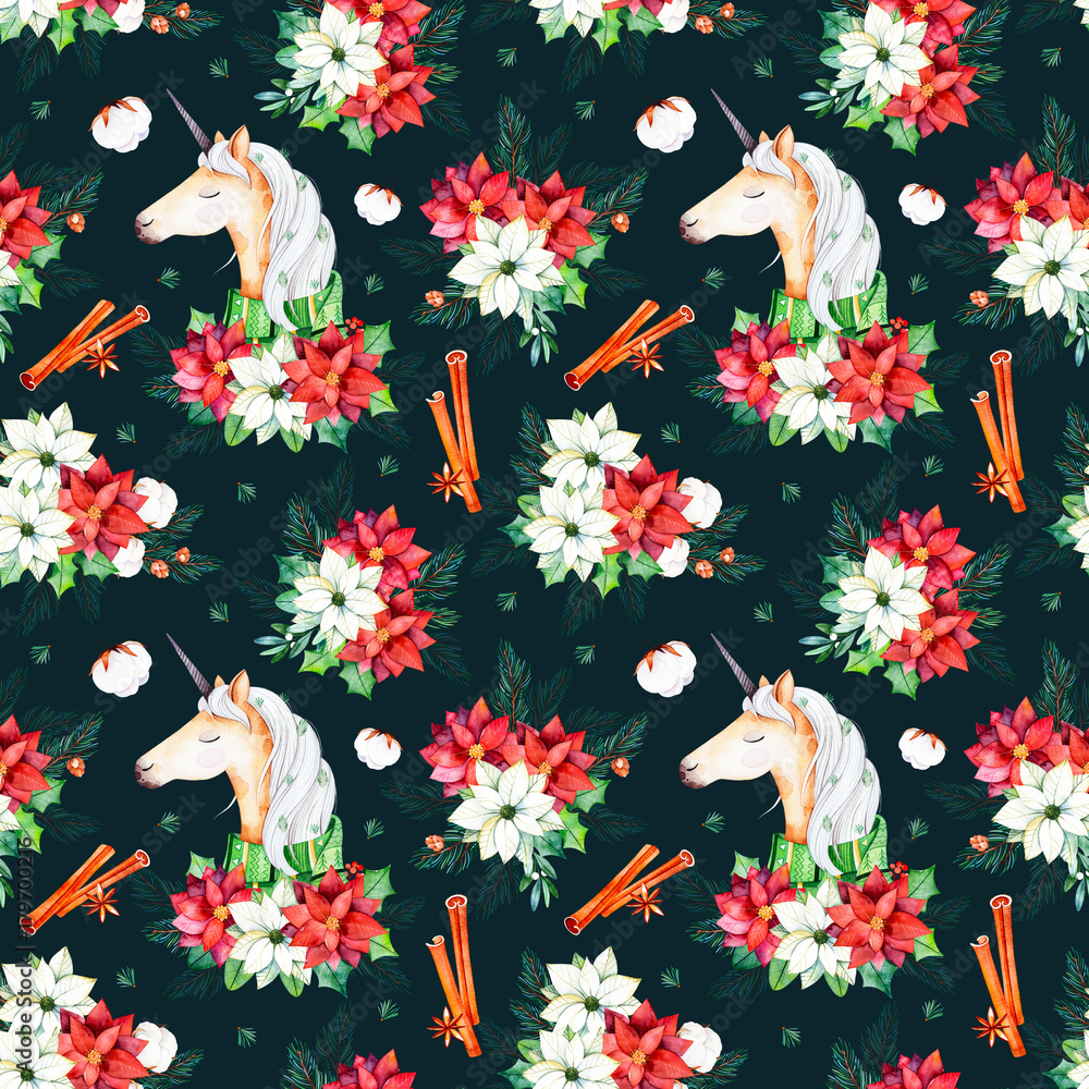Seamless Christmas pattern with flowers, cute unicorn, leaves, branches, cotton flowers, pinecone and more.Perfect for your project, wedding, greeting card, packaging, wallpaper, Christmas and New Year texture. Stock Illustration