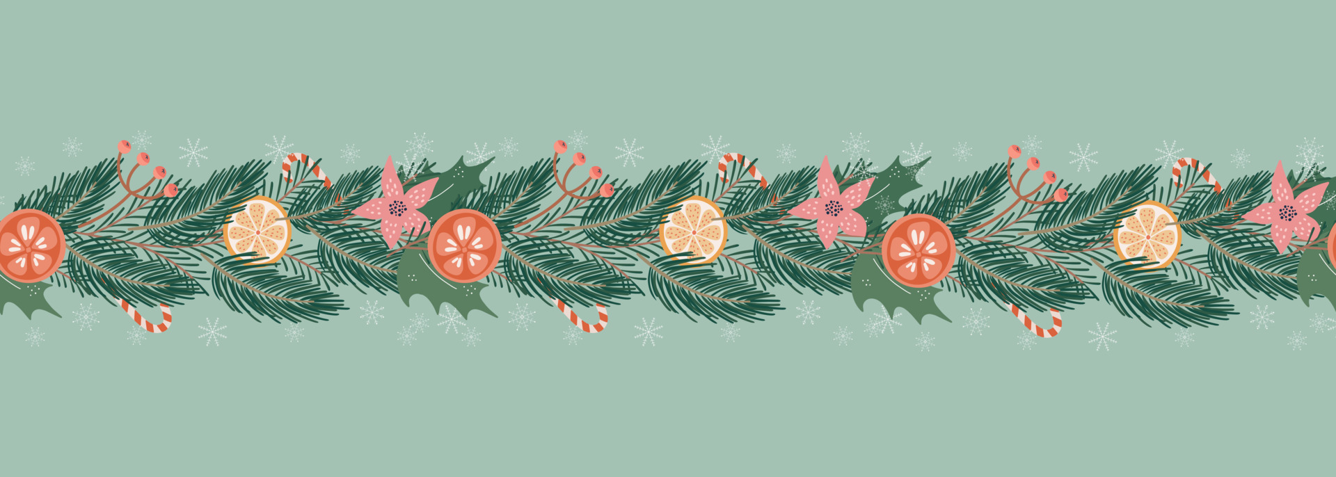 Christmas and New Year seamless pattern with branches, flowers and decoration, cute and festive background, great for textiles, wrapping, banners, wallpaper. Vector design