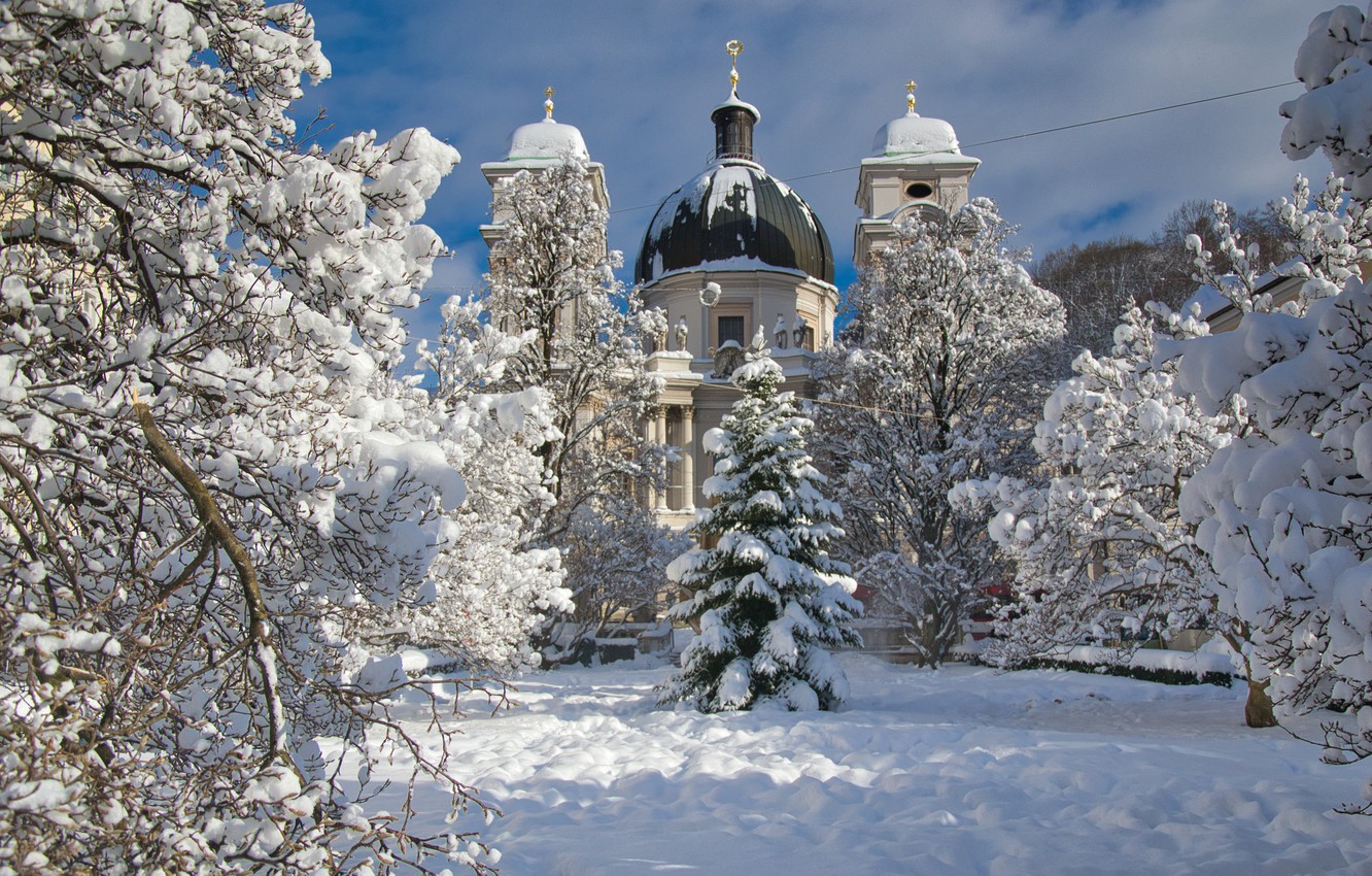 Wallpaper winter, snow, trees, nature, the city, Austria, Church, Cathedral, Salzburg image for desktop, section город