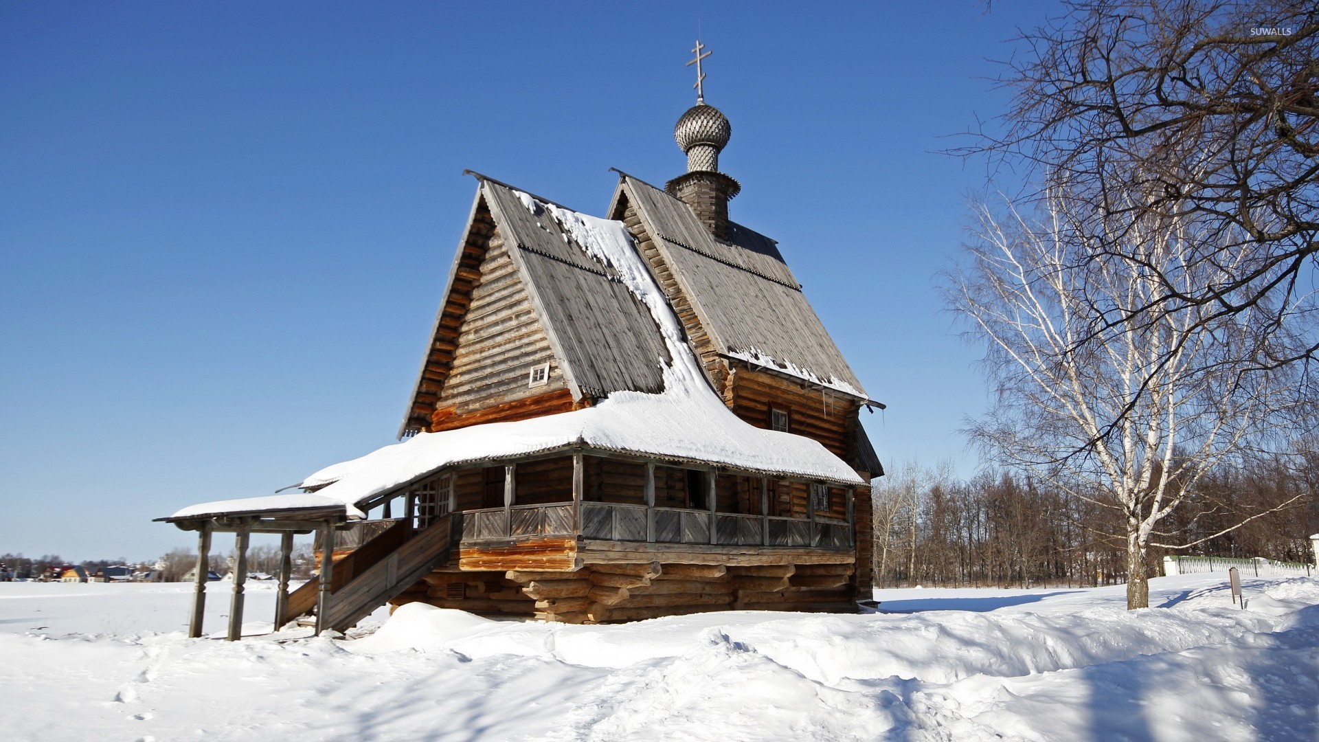 Small wooden church in the snow wallpaper wallpaper