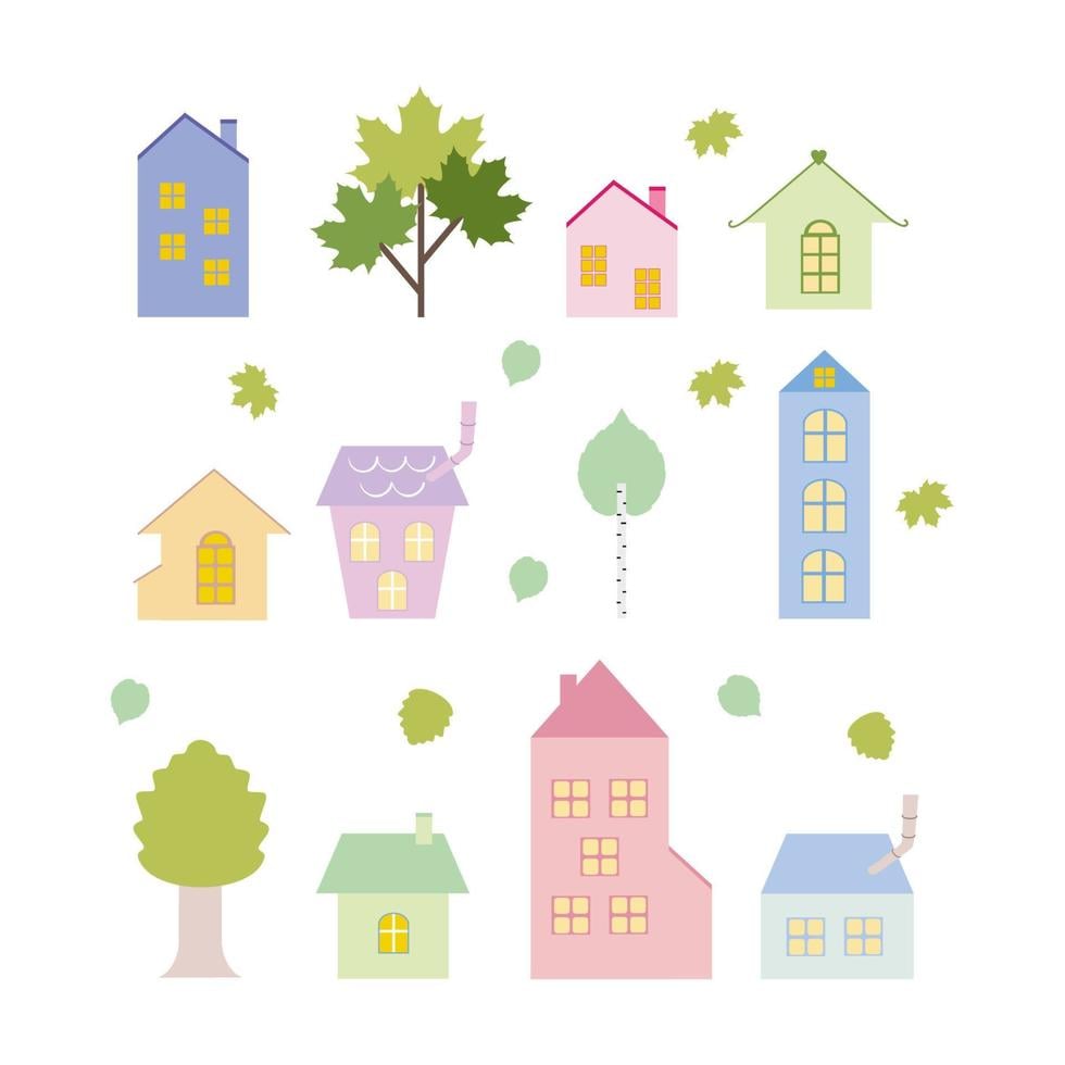 Houses and trees on a white background. Vector doodle illustration. Drawing for children, Wallpaper for the children's room, stickers, book, coloring book