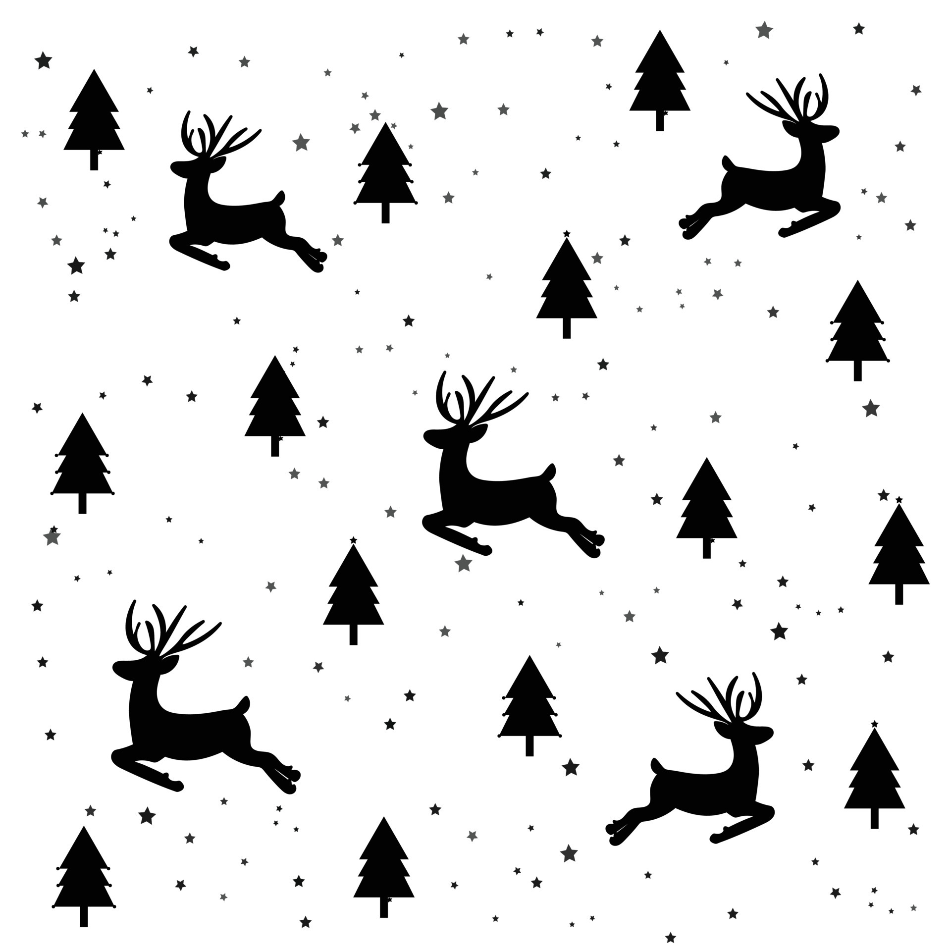Christmas pattern reindeer and snowflakes and Christmas tree winter holiday wallpaper for design black and white illustration
