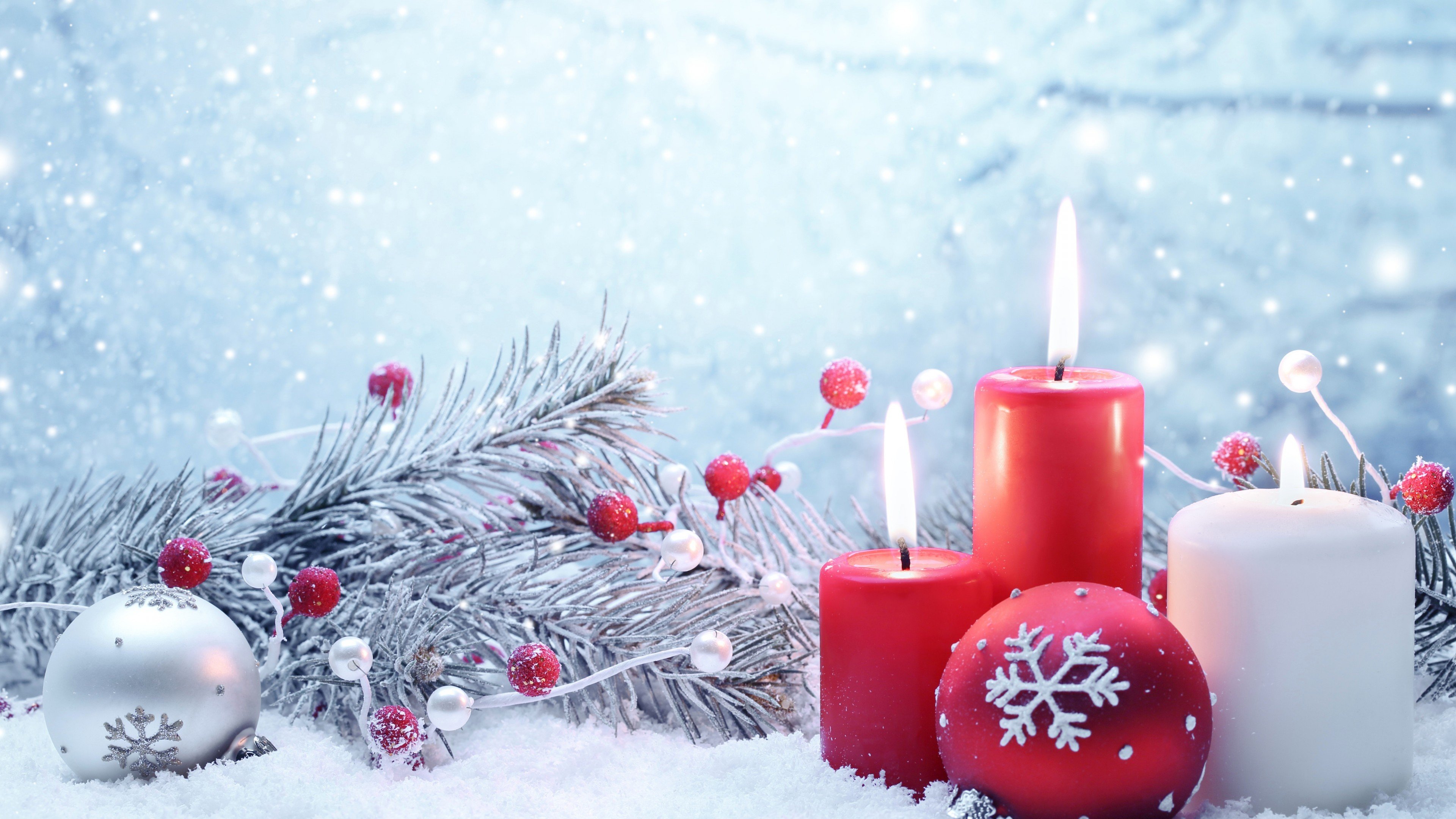 Wallpaper Christmas, New Year, Candle, Balls, Fir Tree, Snowflakes, Snow, Decorations, Holidays