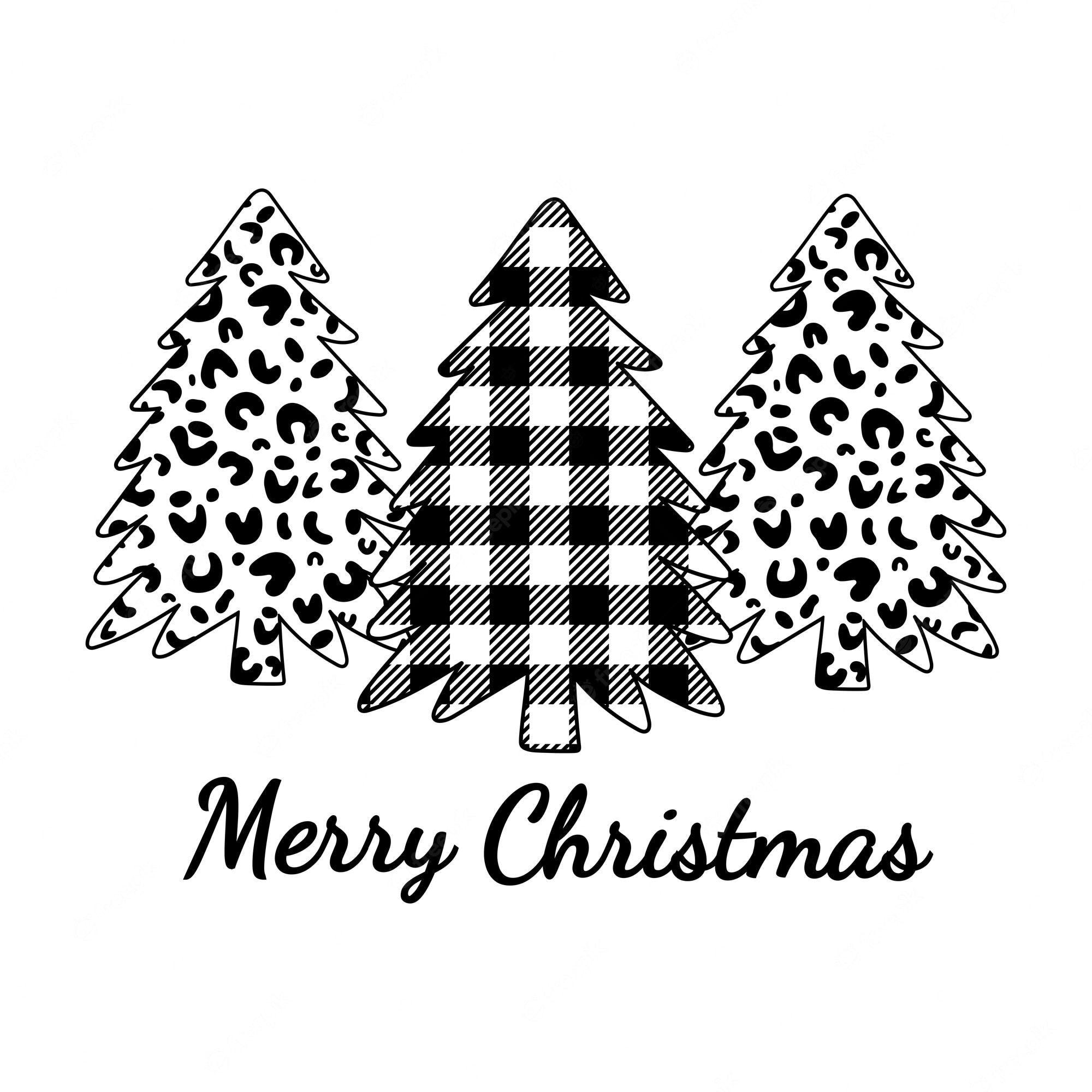 Premium Vector. Merry christmas leopard print and buffalo plaid ornament christmas trees winter forest