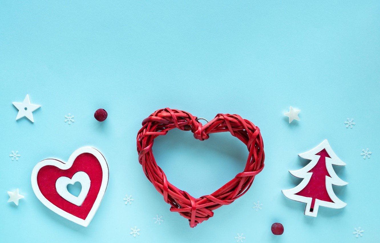 Wallpaper winter, snowflakes, holiday, red, heart, Christmas, hearts, New year, herringbone, beads, heart, stars, blue background, Christmas decorations, composition, новогодние декорации image for desktop, section новый год