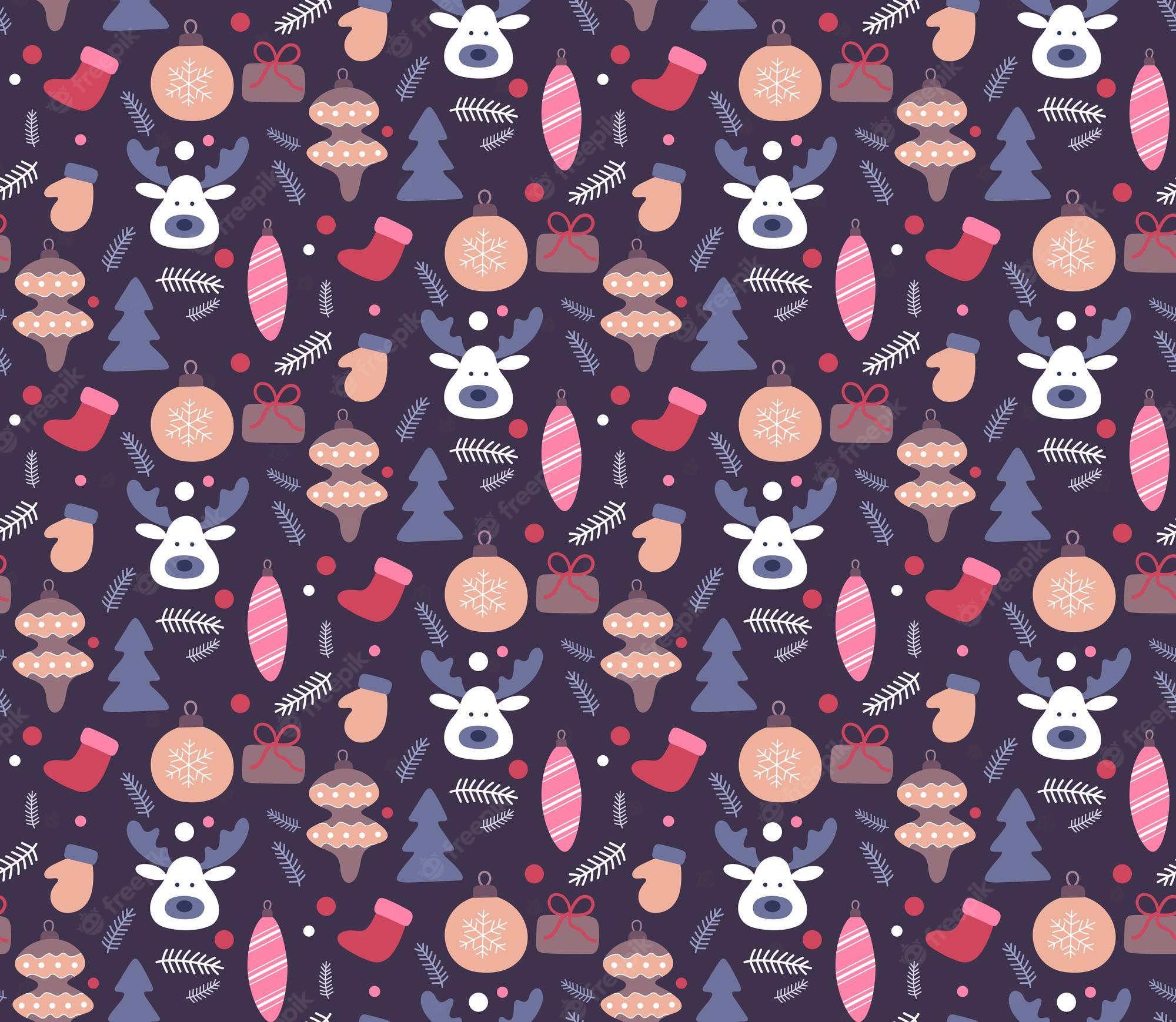 Free Vector. Christmas hand drawn seamless pattern. doodles style in dark color. winter holiday background, texture for wallpaper, fabrics, wrapping paper. vector illustration
