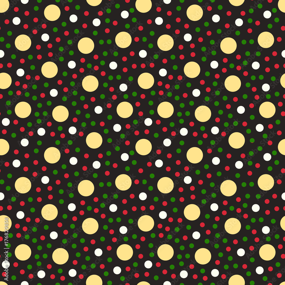 Circles seamless pattern polka dot design. Christmas background dark red green white color. Simple abstract illustration for wallpaper, wrapping paper. Stock Vector