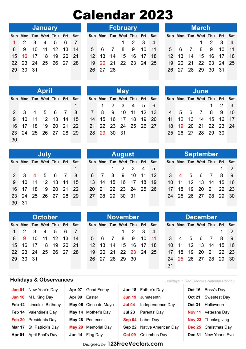 Free 2023 Holiday Calendar. Holiday calendar, Note writing paper, Calendar