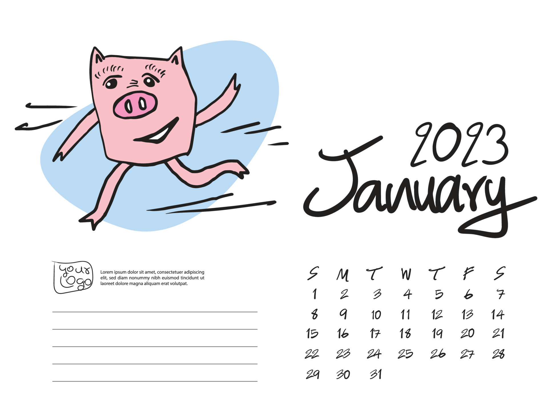 Calendar 2023 design with Cute Pig vector illustration, January 2023, Lettering, Desk calendar 2023 layout, planner, wall calendar , pig cartoon character, holiday event