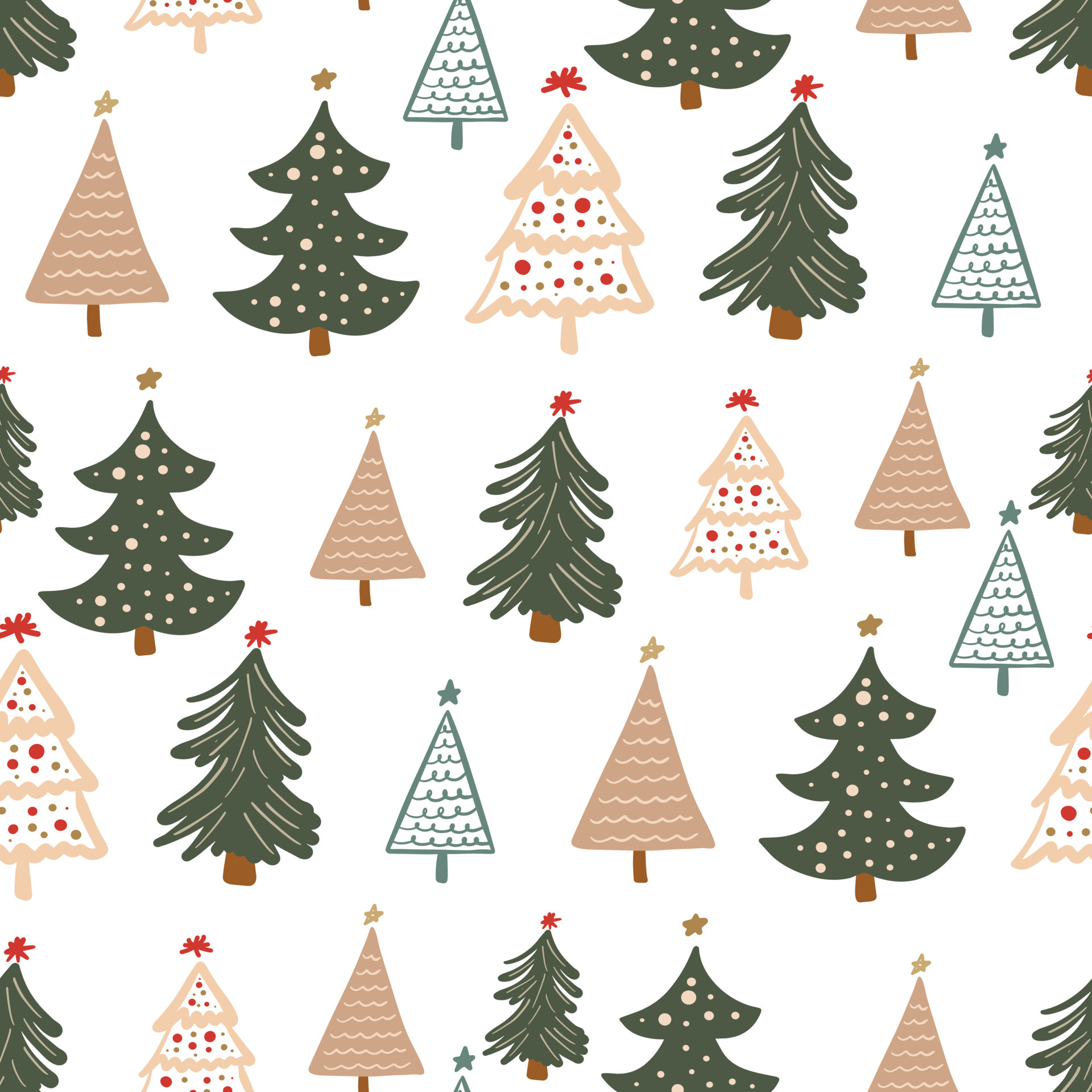 Cute childish festive seamless pattern background with simple minimalist Christmas tree hand drawn doodle symbol. New Year, winter holiday backdrop