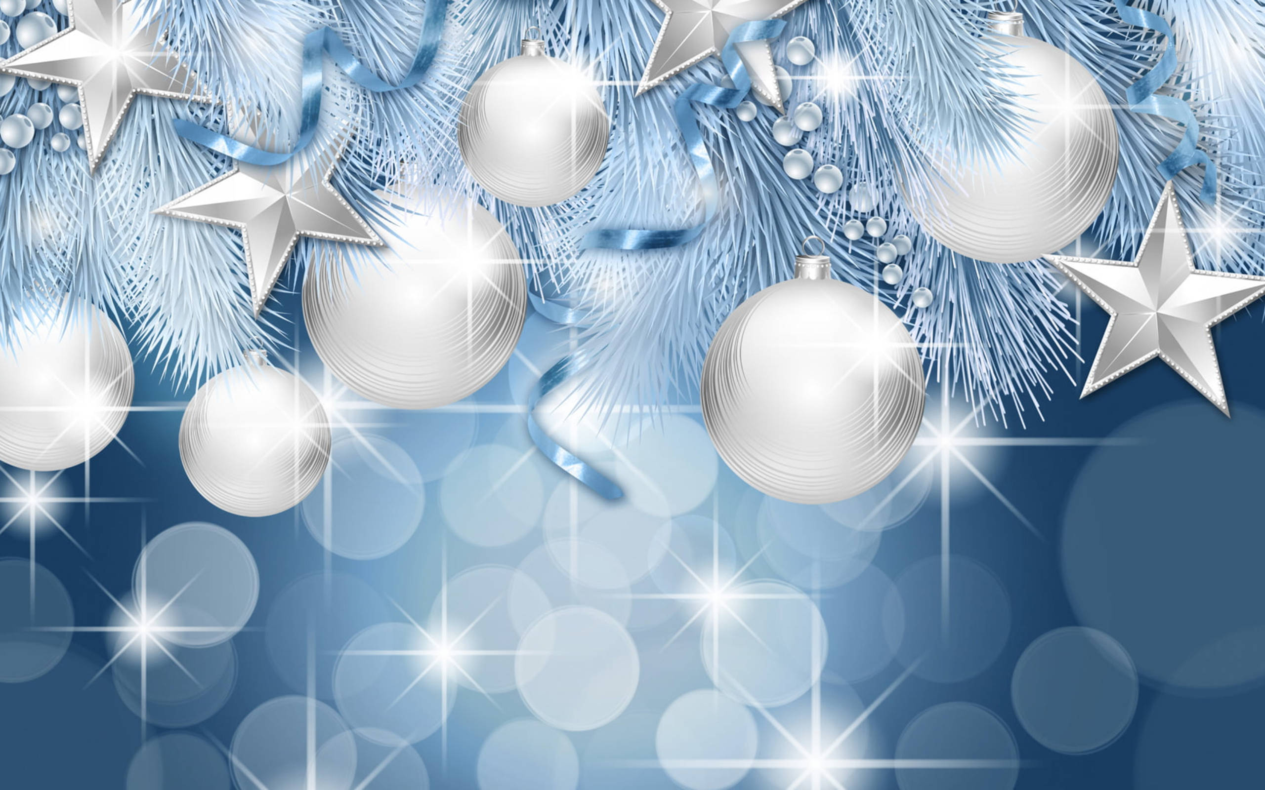 Download Silver Christmas Balls With Glare Stars Wallpaper