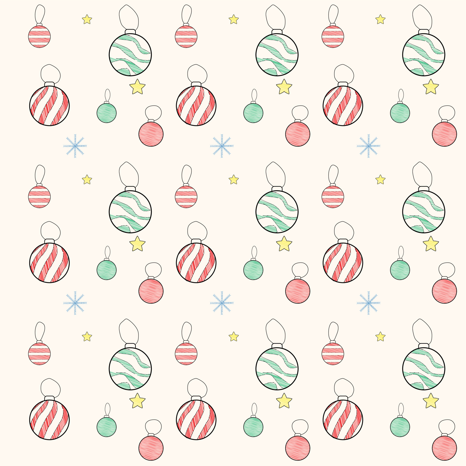 Christmas and New Year Seamless Pattern in doodle simple minimalist style. Red and green balls, stars and snowflakes doodled or hand drawn on light yellow background. Aesthetic and cute. Vector Art