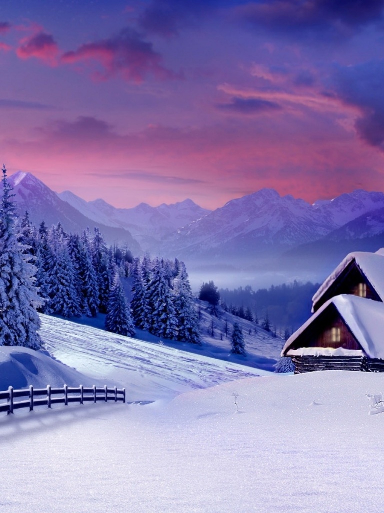 Pink Sky Winter Scenic Houses iPad wallpaper