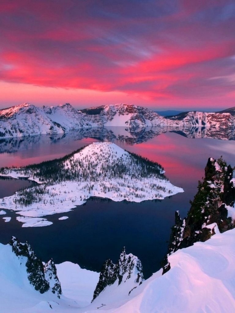 Crater Lake Snow Pink Sky iPad wallpaper