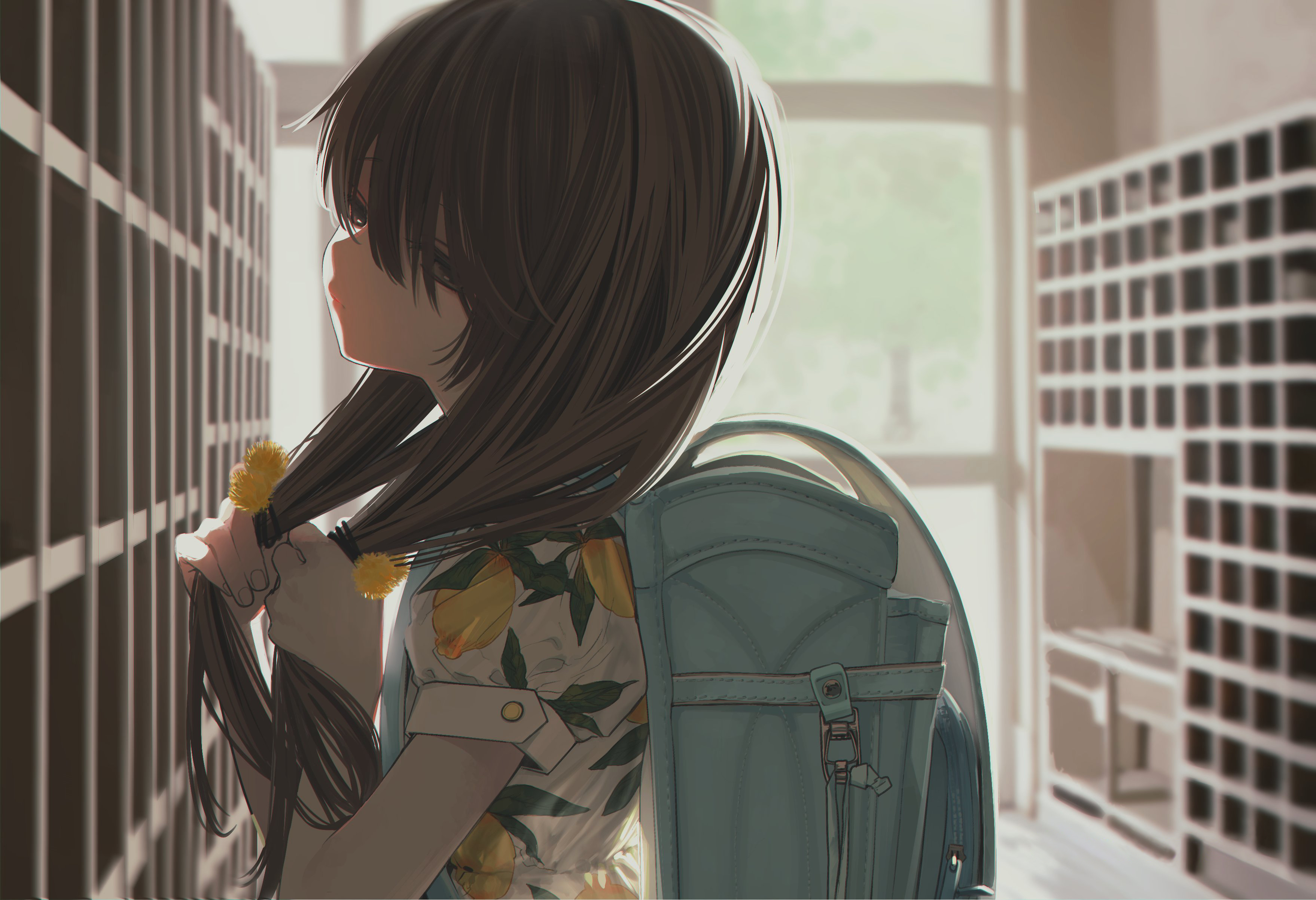 Anime Anime Girls Brunette Long Hair Dark Eyes Backpacks School Scrunchy Looking Away Wallpaper:3516x2406