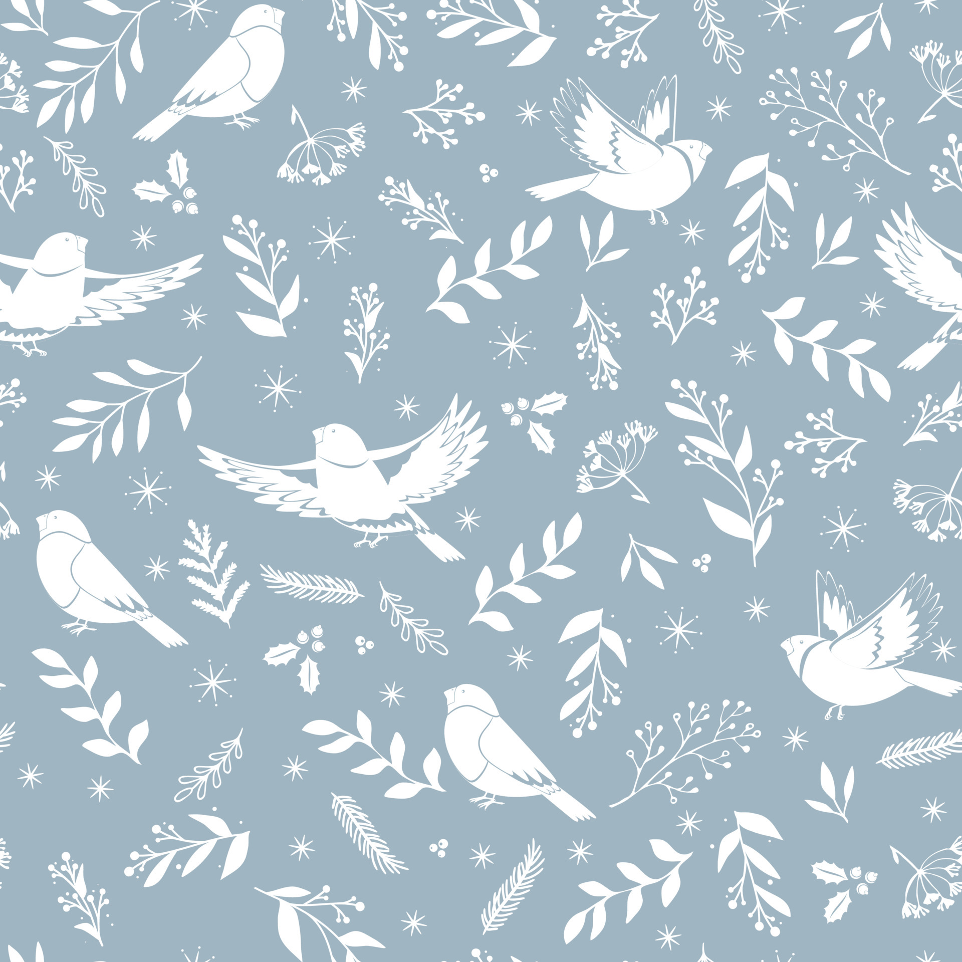 Winter seamless vector pattern with holly berries, bird and christmas branch. Part of Christmas background collection. Can be used for wallpaper, pattern fills, surface textures, fabric prints